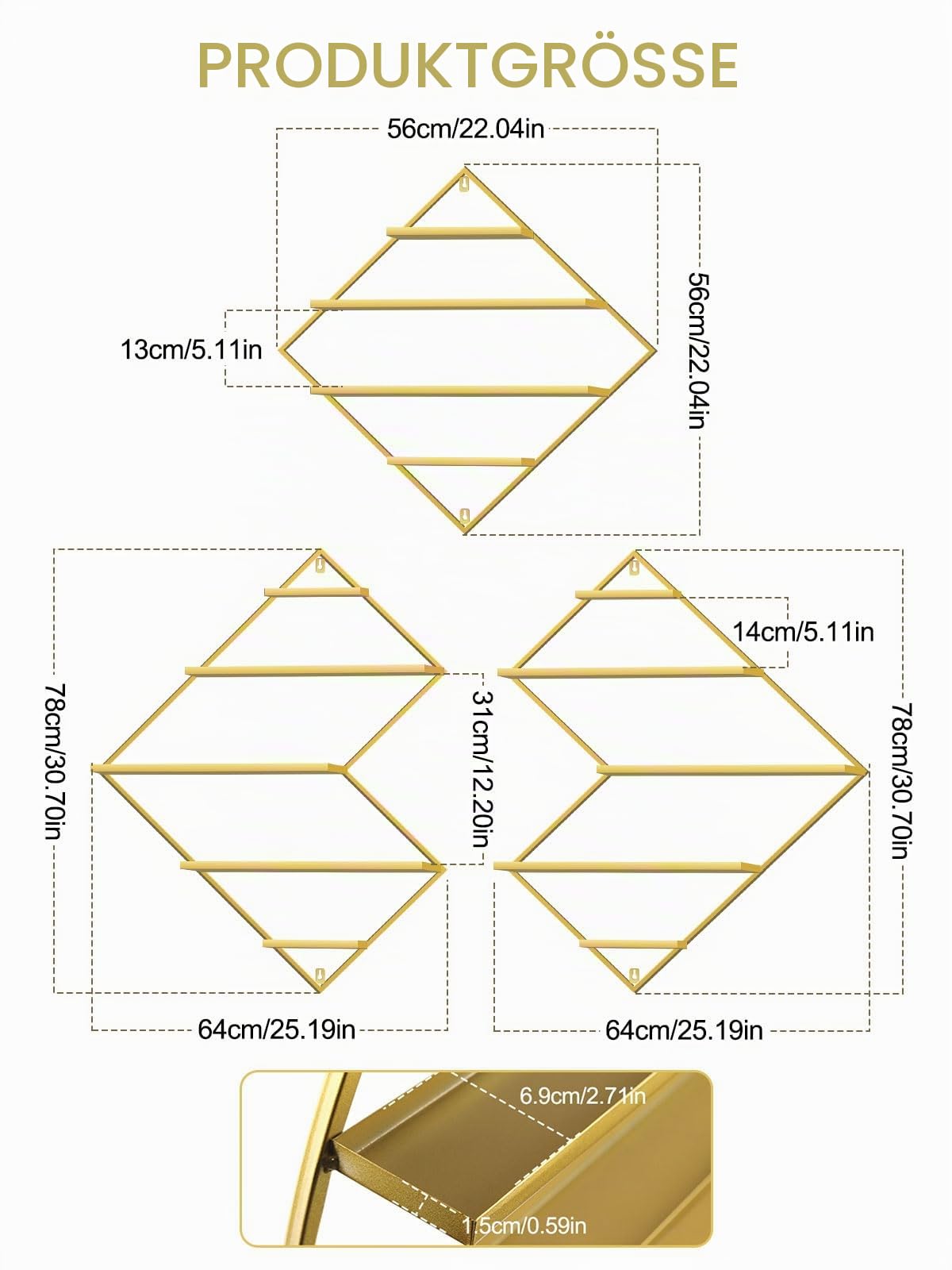 Kalolary 3 Stück Nagelllack Ständer aus Metall zur Wandmontage, Gold Präsentationsregal Kosmetikvitrinen Lippenstift Parfüm Wandregal Ätherische Öle Organizer für Zuhause Spa Nagelstudio Geschäft
