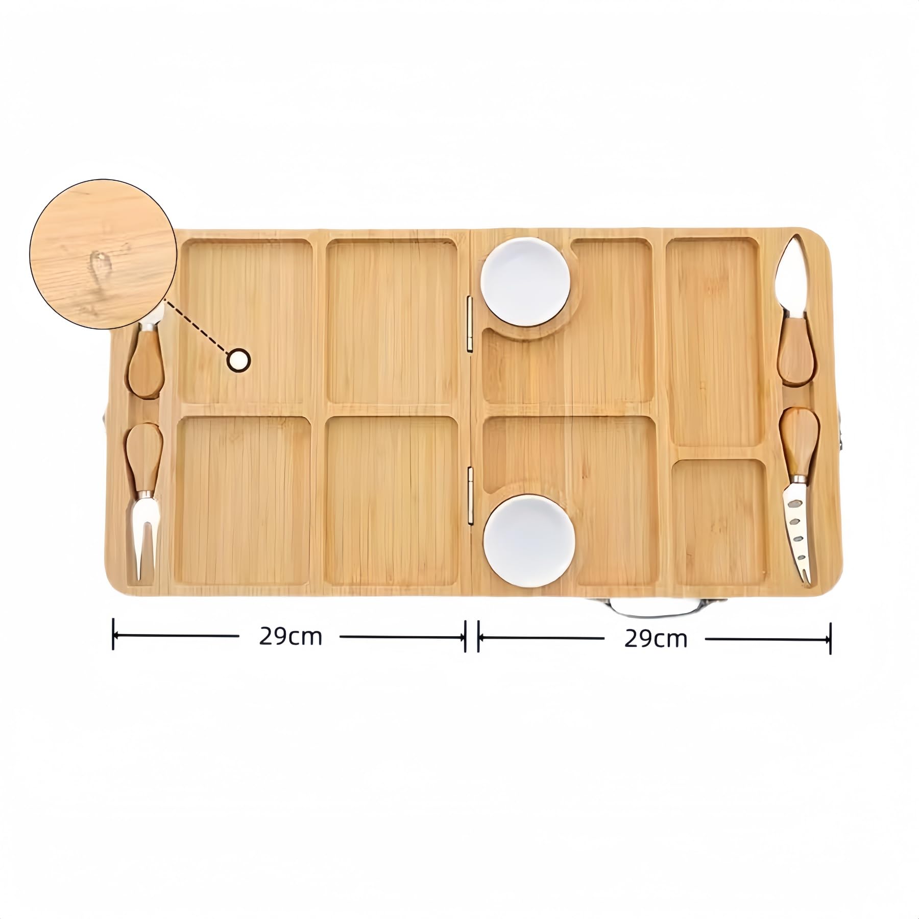 Käsebrett mit Käsemesser Set Tragbare Servierbrett mit Handgriff aus 100% Bambus, 2 in 1 klappbare Käseplatte & Schneidbrett, Charcuterie Snacktablett ideal für Hauswärme Geschenke - 29 x 29cm