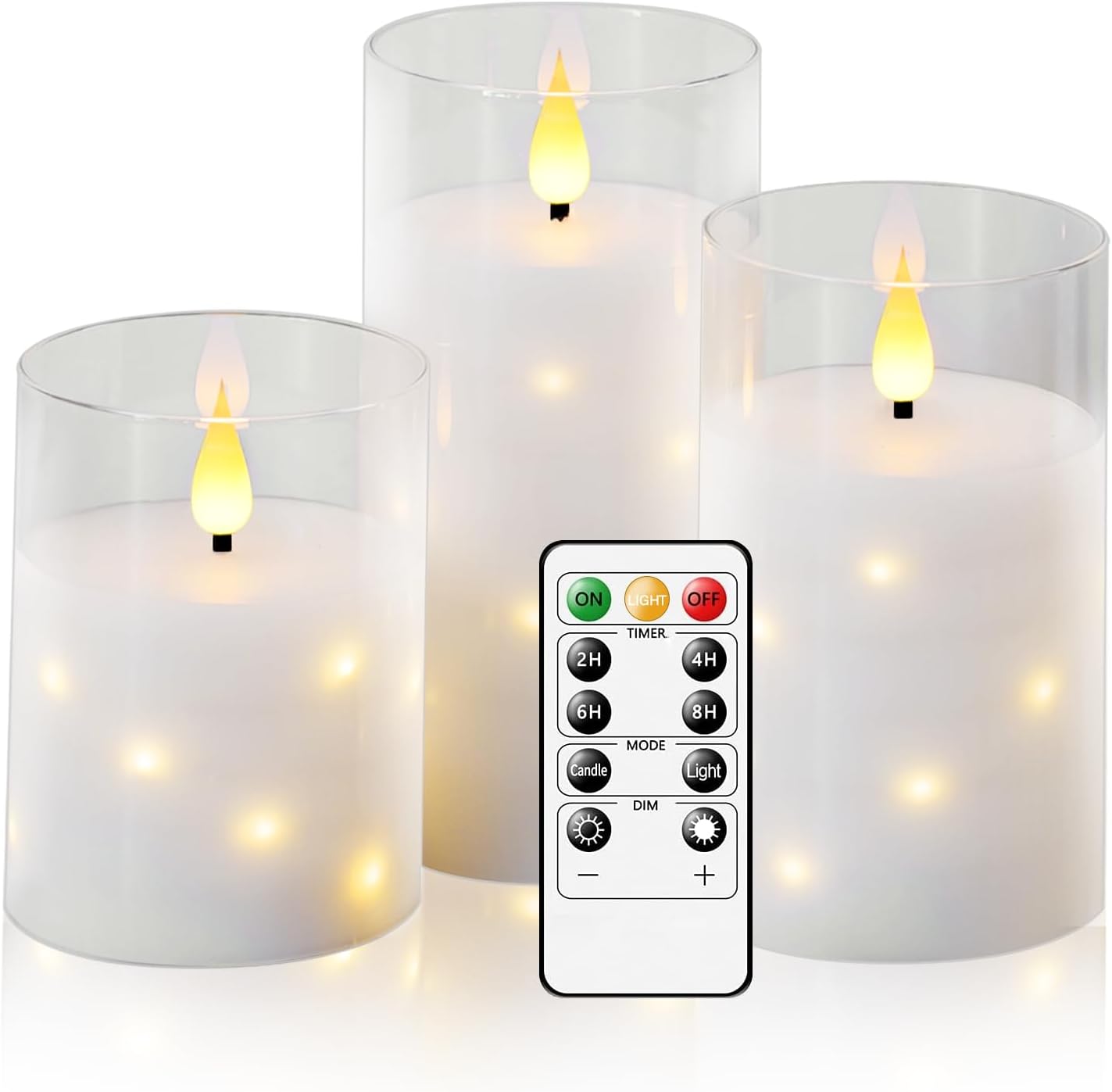 Glass Housings Flameless Candles with Real Wax & Flickering Effect - Battery Operated LED Candles, Set of 3 White for Home Decor, Weddings, Holiday Decorations