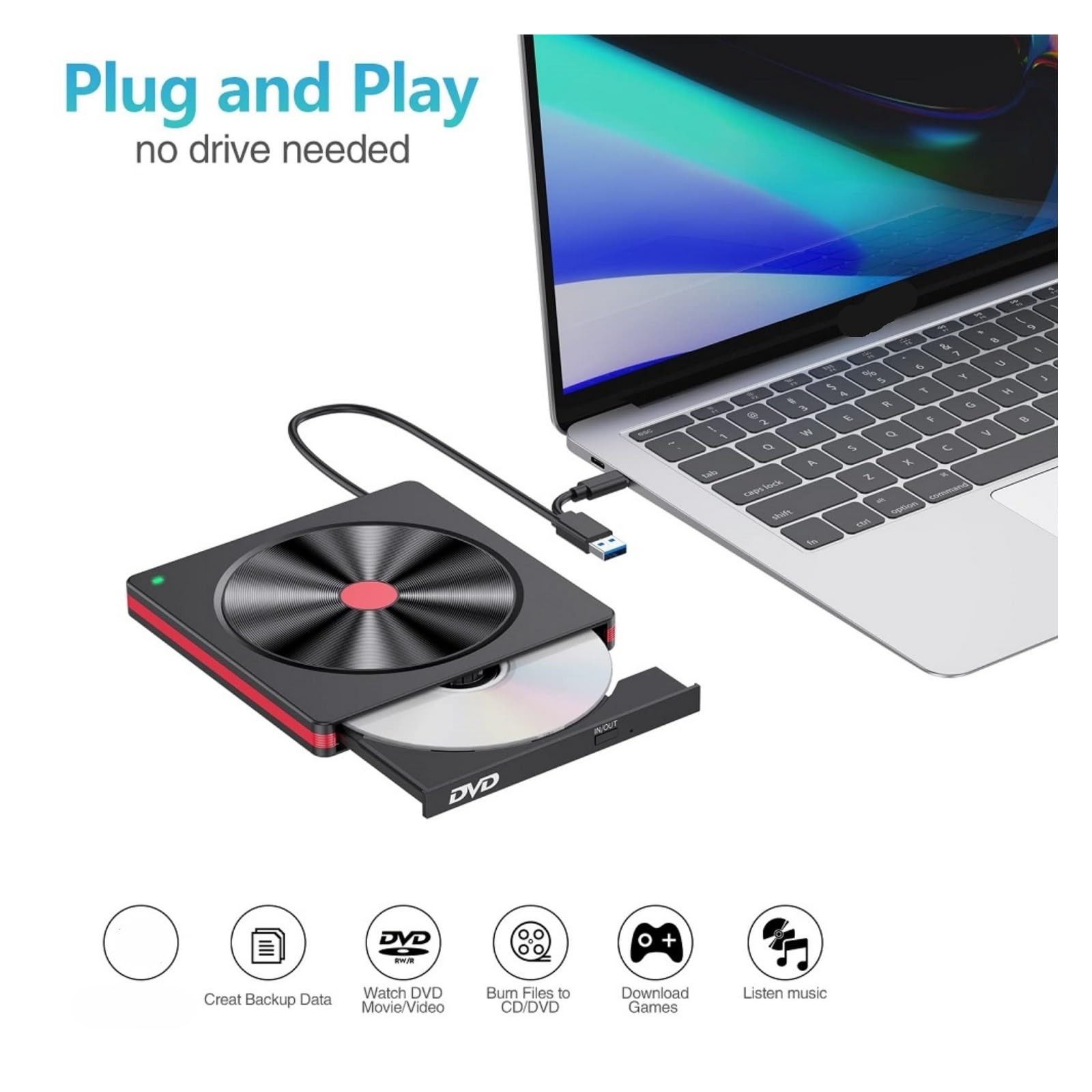 Unidad Externa de CD/DVD, grabadora USB CD ROM Unidad de DVD Externa Lector de CD Reproductor de DVD