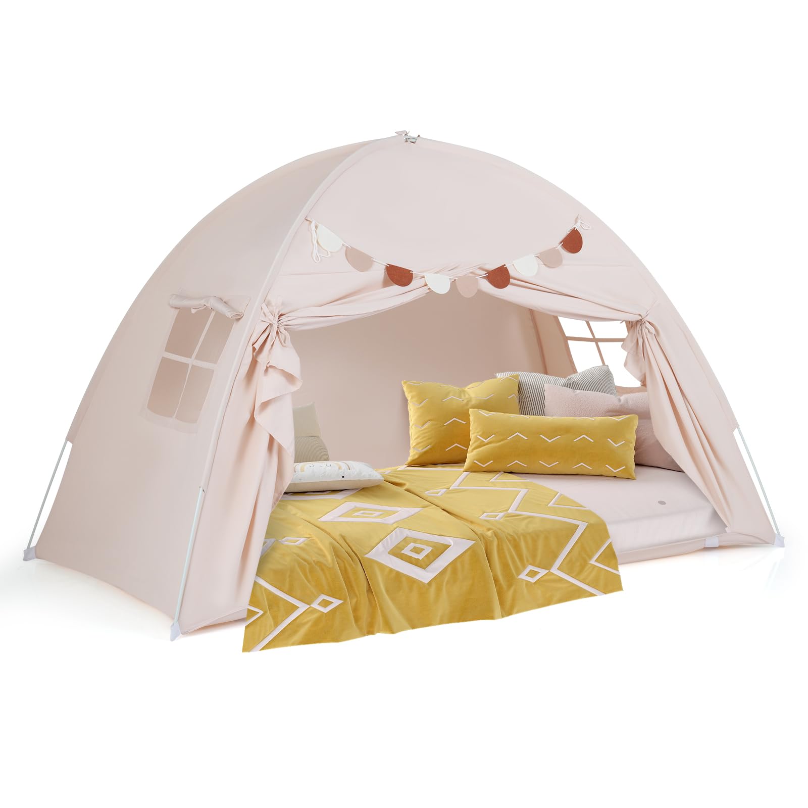 COSTWAY Tienda de Campaña Infantil, Casita Tela Infantil con 2 Ventanas y Banderas, Cabañas para Niños para Habitación Infantil, Tienda de Juego Interior para Niños de 3+ Años,201x100x122 cm (Beige)