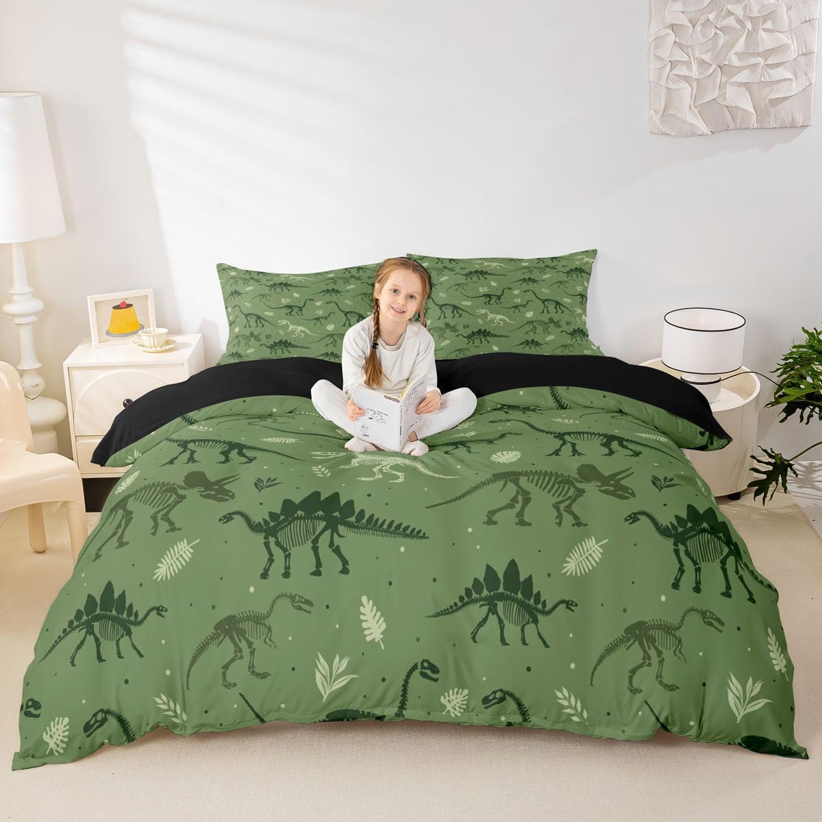 Dinosaur Skeleton Duvet Cover Set Twin Size,Army Green Dino Print Bedding Sets 2Pcs Kids Girls Boys Teens Room Decor,Tropical Palm Leaves Comforter Cover Wild Animals Plants Quilt Cover,1 Pillowcase