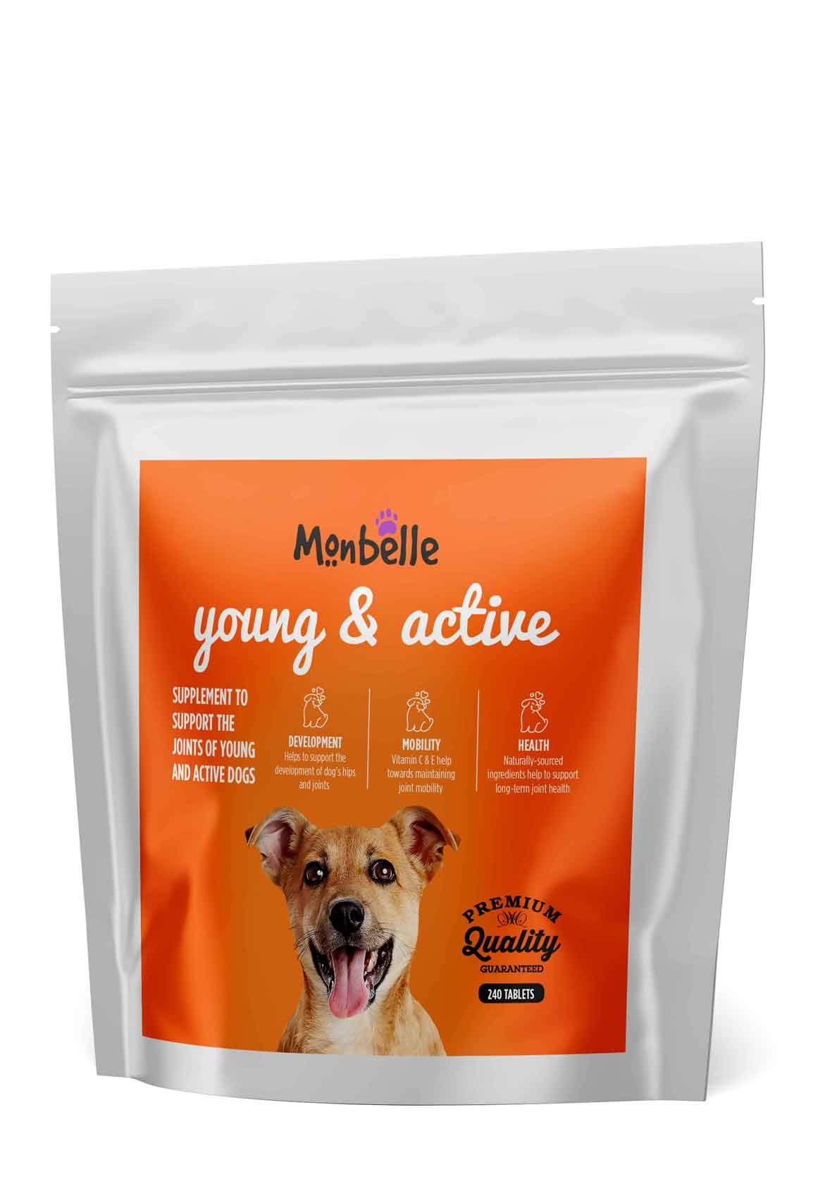 MonbelleYoung & Active, Joint Development Support for Dogs (1-6 Years), Promotes Recovery & Aids Mobility, Perfect for Puppies & Canine Athletes, UK Manufactured - 240 Tablets