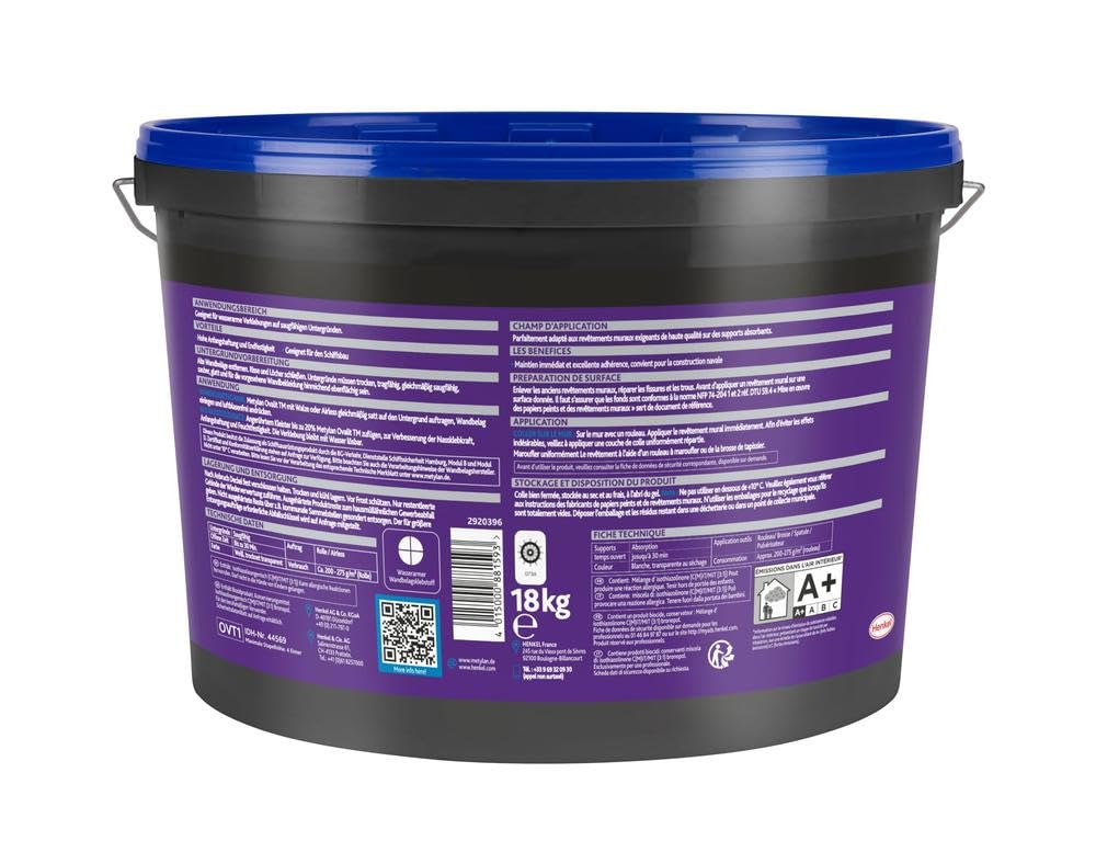 METYLAN Ovalit TM , Colle pour revêtements muraux, colle prête à l'emploi pour textiles muraux et toile de verre-Seau 18 kg