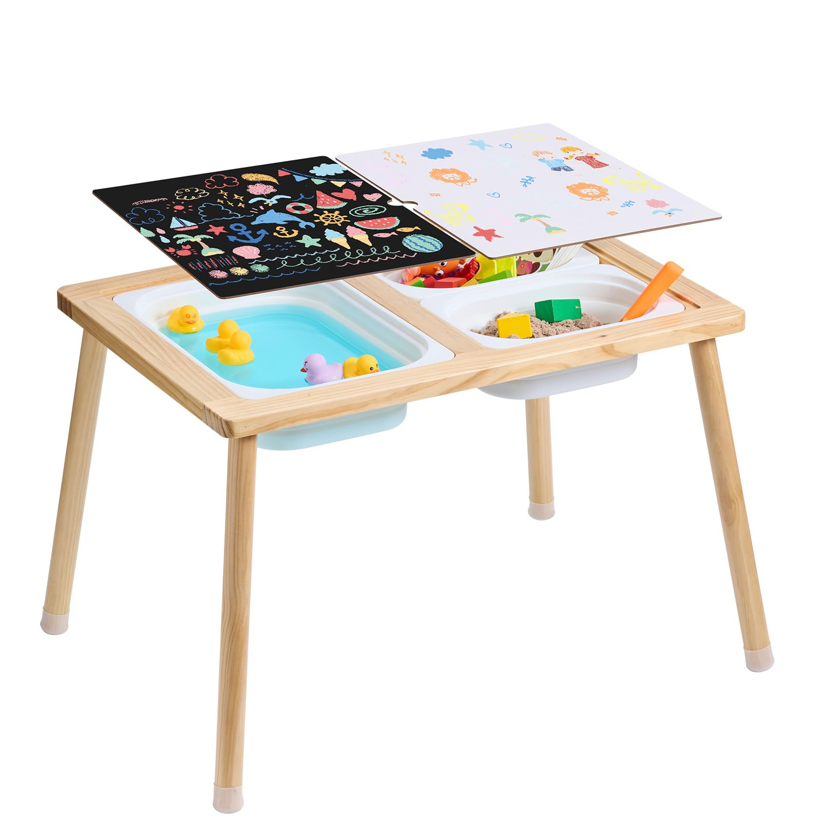 VEVORSensory Table for Toddlers, Kids Activity Table with 3 Foldable Storage Bins & Double-Sided Board, Indoor/Outdoor Play Sand and Water Table, Wooden Kids Sensory Table for Drawing Studying Dining
