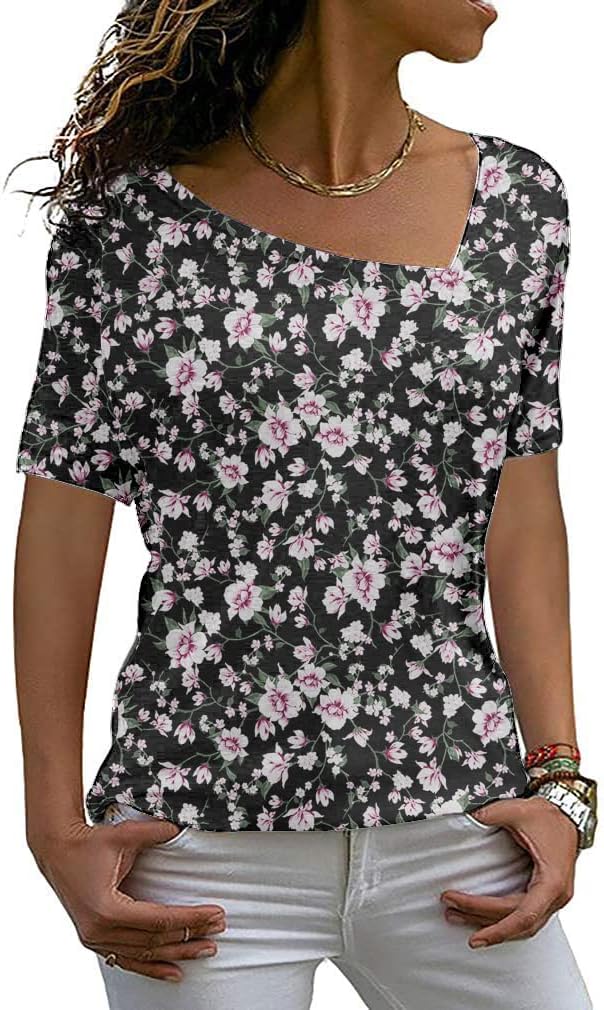 AYIFU Womens Summer Tops Short Sleeve Casual Shirts Asymmetric Neck Color Block Tunic