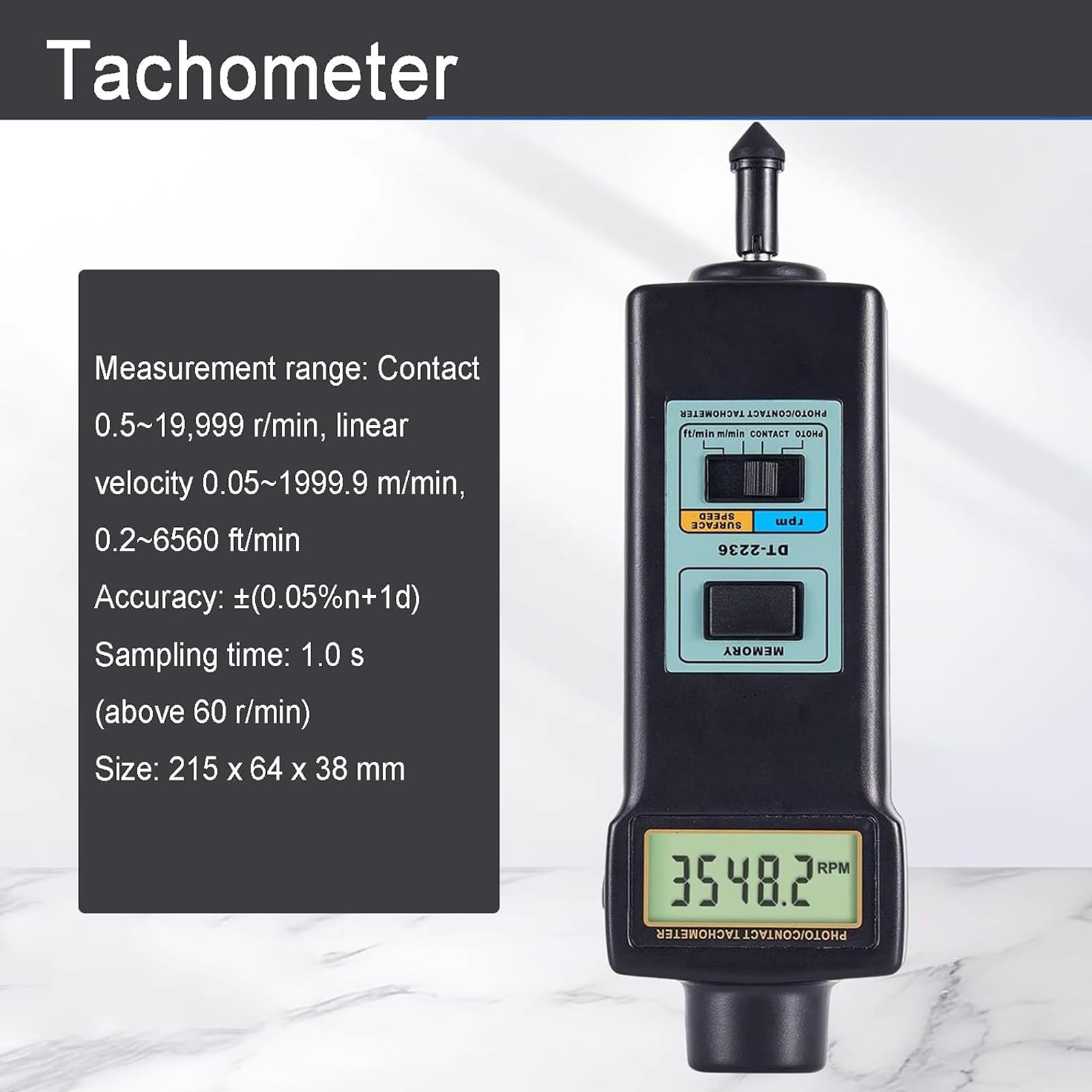 Digitales Kontakt-drehzahlmessgerät, Hand-drehzahlmesser Mit Kontakt- Und Fotosensor (2,5–99.999 U/min), Lineare Geschwindigkeitsmessung (m/min, Ft/min), Mit 4 Messspitzen, LCD-Display, Für