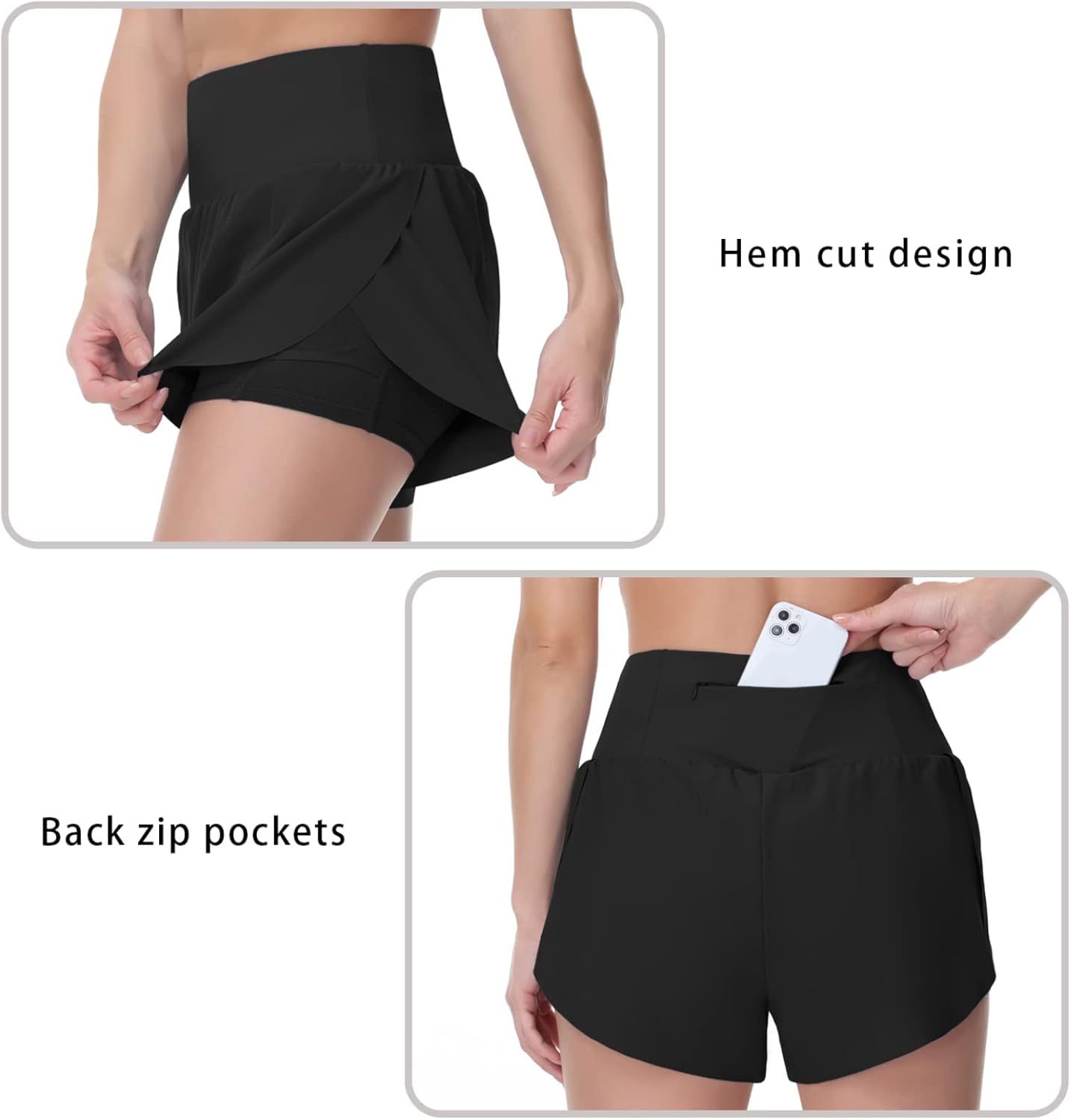 Women’s Quick Dry Running Shorts Mesh Liner High Waisted Tennis Workout Shorts Zipper Pockets (Medium, Black) - Image 6
