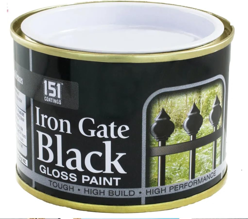 JKG IRON GATE BLACK GLOSS PAINT 180ml - For Wood Metal and Concrete - Durable Tough Metal Gates and Fences - Interior Indoor Exterior Outdoor - Topcoat Fade-Resistant Gloss Paint