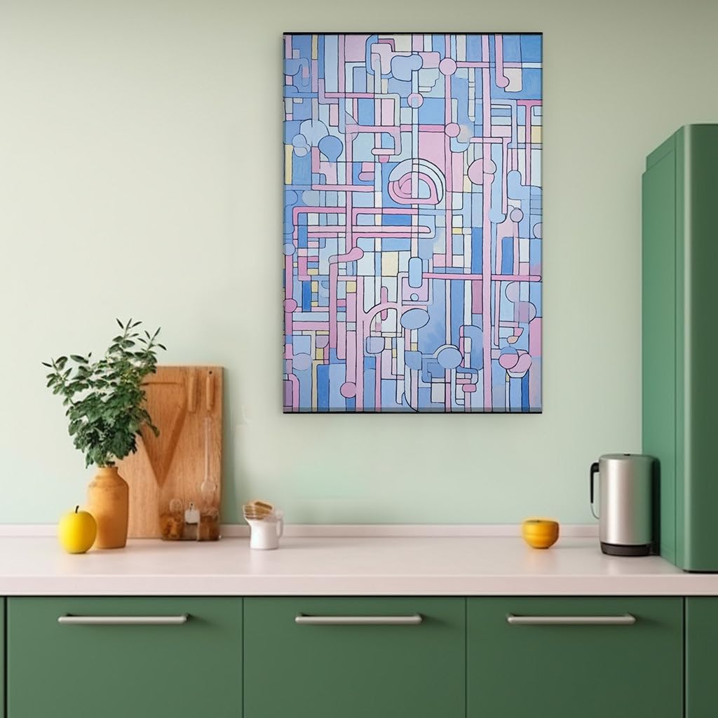 Canvas for Living room. Dancing Hues and Dynamic Lines: A Vivid Fusion of Pink, Blue, and Yellow Abstract Art with a Hint of Numerical Intrigue, 27 x 18 inch Canvas Wall Art - Ready to Hang