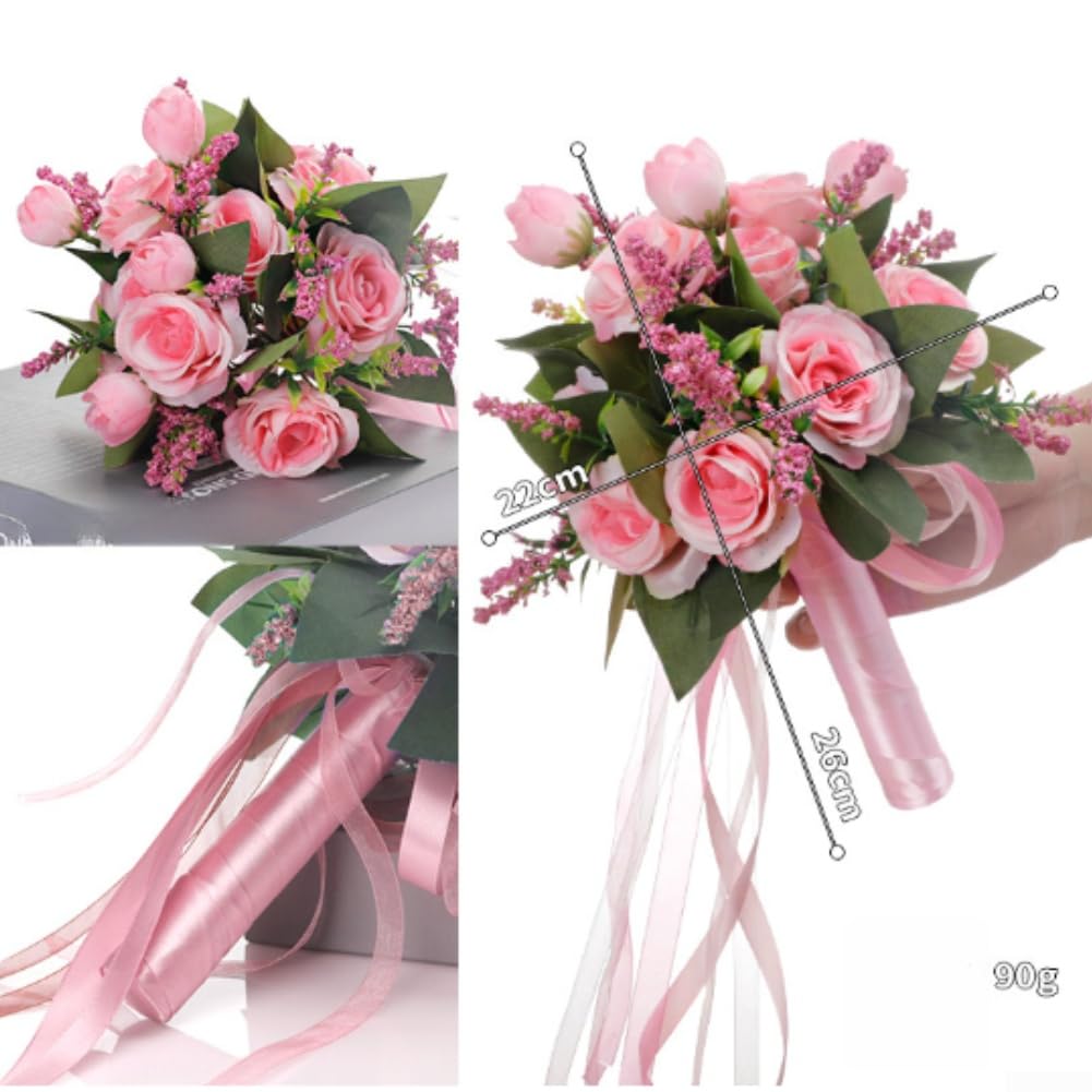 Bouquet di fiori artificiali per damigelle d'onore, rose in seta, design peonia, leggero, 22 cm, blu e viola (rosa)