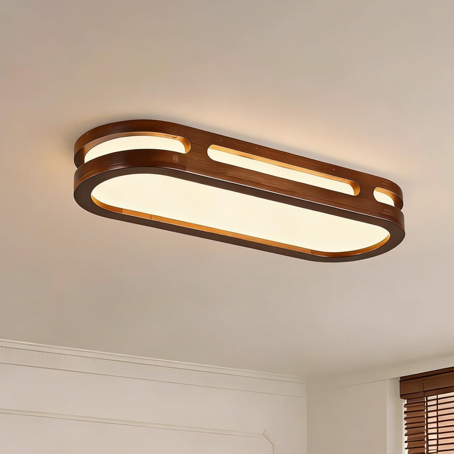 Modern Wood LED Rectangular Flush Mount Ceiling Lights 3 Color Dimmable Minimalist 19 in Close to Ceiling Light Fixture for Kitchen Dining Room Entryway Corridor (Walnut/Natural Wood)