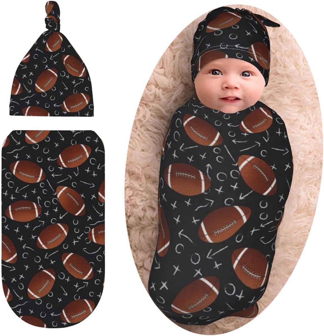 Football Baby Stuff Swaddle Blanket with Beanie Set, Soft Football Baby Blankets Newborn Sleeping Sacks for Girls Boys