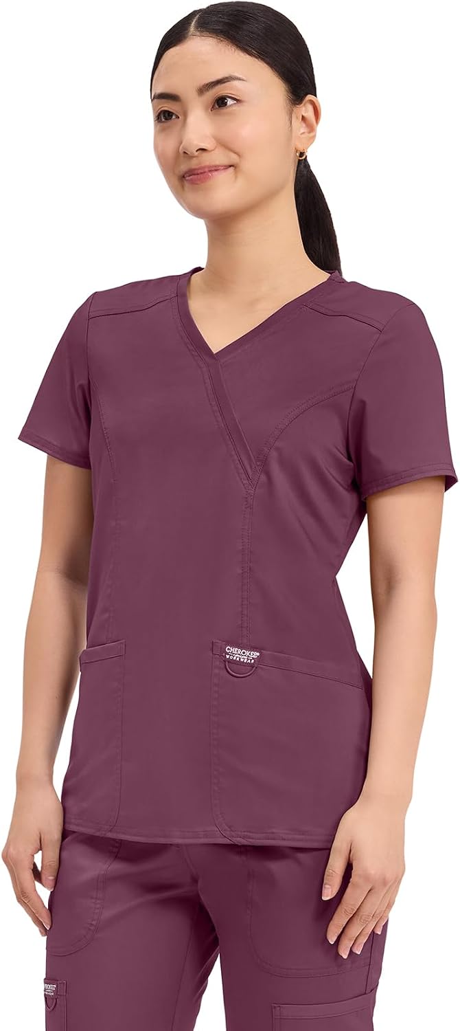 Cherokee Scrubs Top for Women Mock Wrap with 3 Pockets, Soft, 2-Way Stretch & Durable Fabric - WW610 image 2