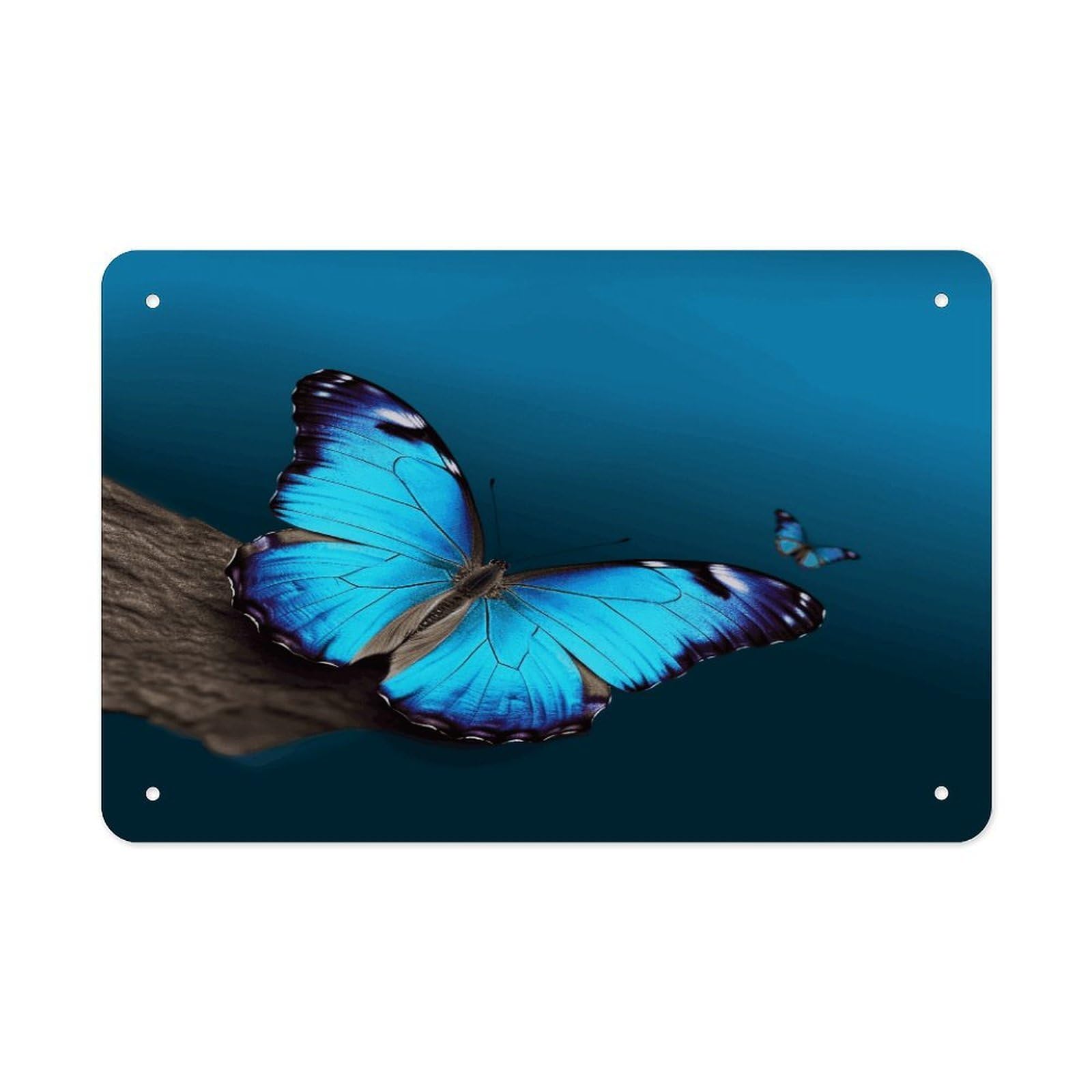 Beautiful Blue Butterfly Metal Tin Sign 12"x8" Wall Art Prints Poster Decorative Picture Metal Signboard Decor Painting Folded Edge Iron Sheet Painting with Holes for Wall Decor