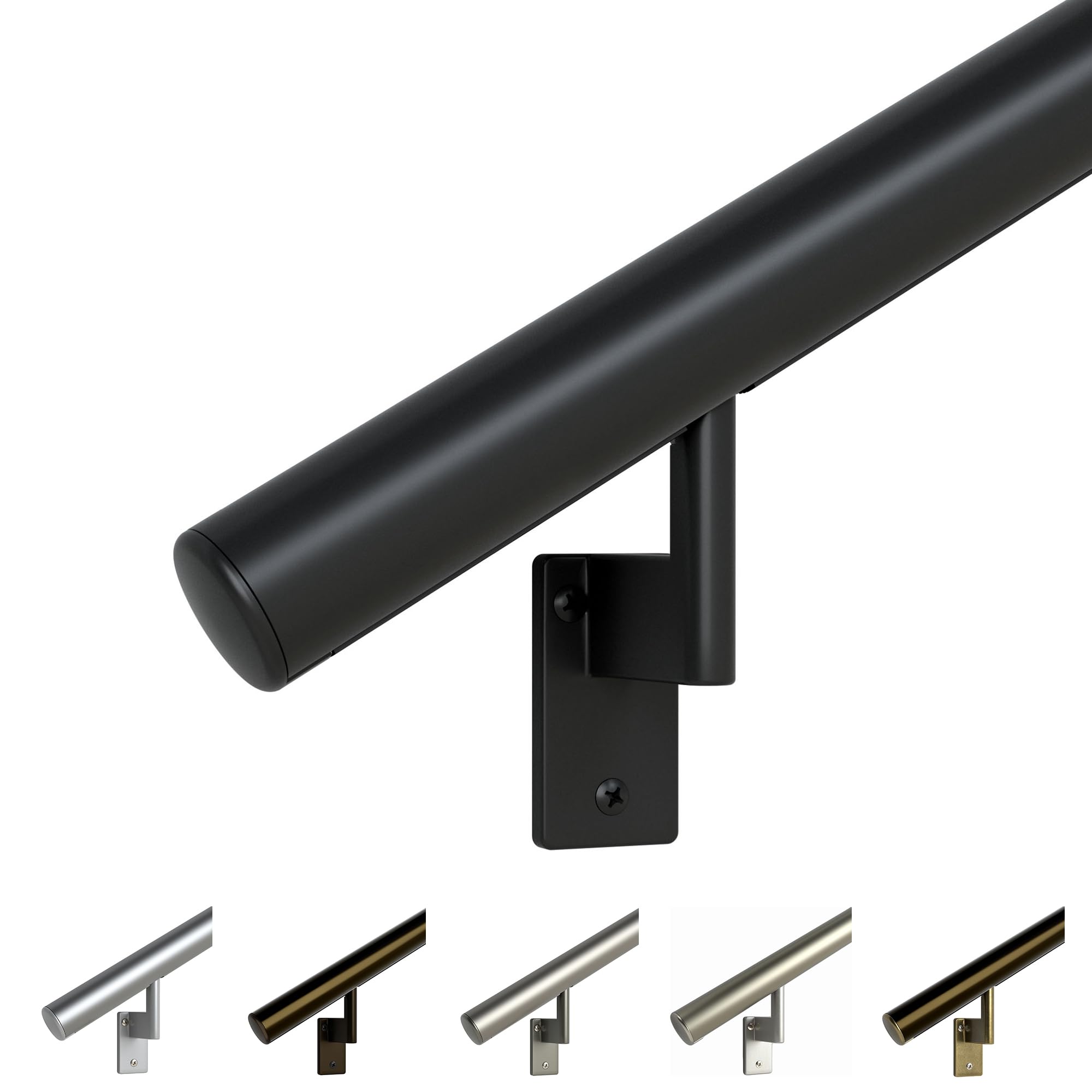 Promenaid 3ft Handrail Kit – Black, Made in Canada – Indoor/Outdoor Aluminum Stair Railing, 1.6'' Round – Includes 2 Pivoting Wall Brackets & Flush Endcaps – Modern Safety Handrail