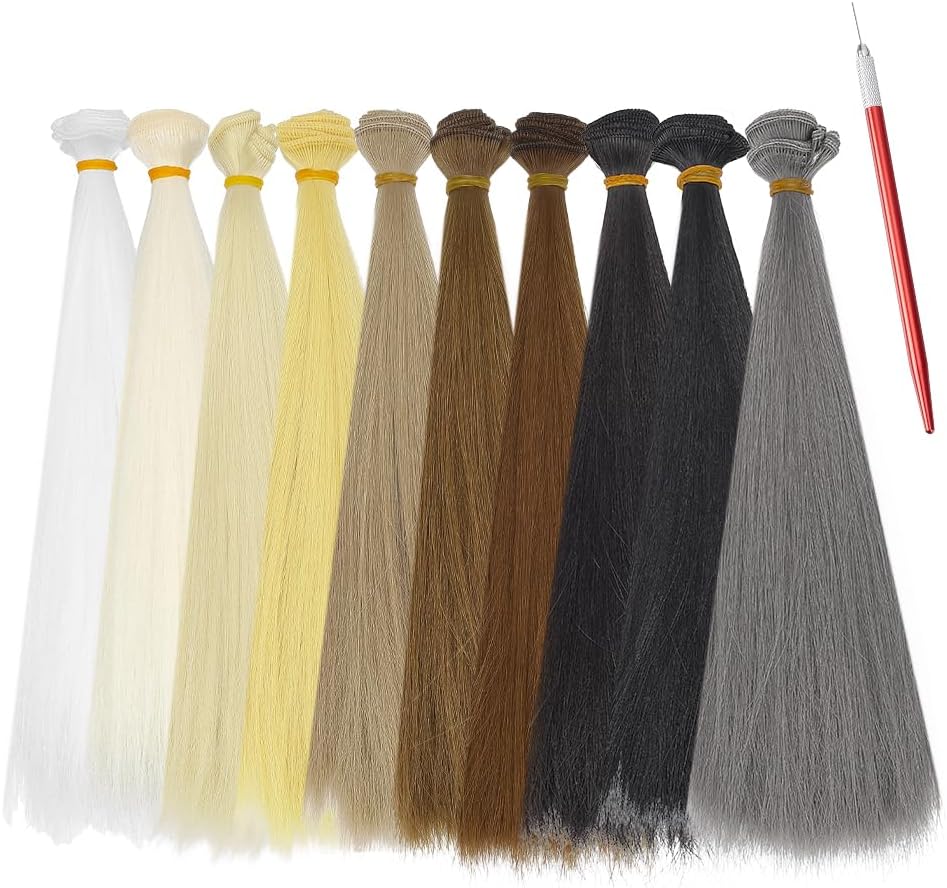 NBEADS 10 Pcs 10 Colors Wool Doll Hair Wig, 10.63-10.8 Inch hort Thick Hair with 1 Set Rooting Holders Tool for Extensions Making Arts Supplies