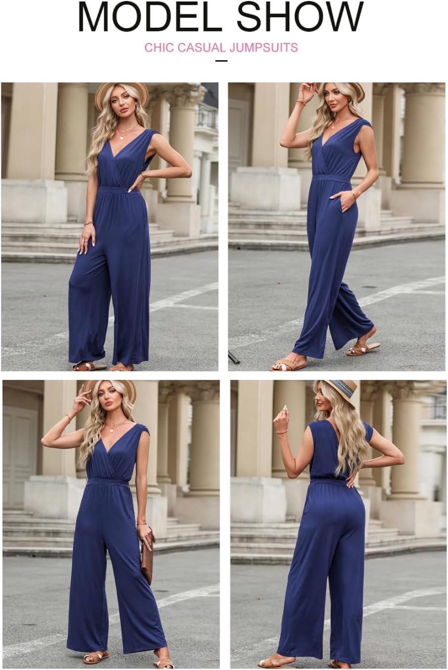BLENCOT Women Casual Jumpsuits Sleeveless V Neck Pleated Wide Leg Overalls Fashion Summer Rompers - Image 5