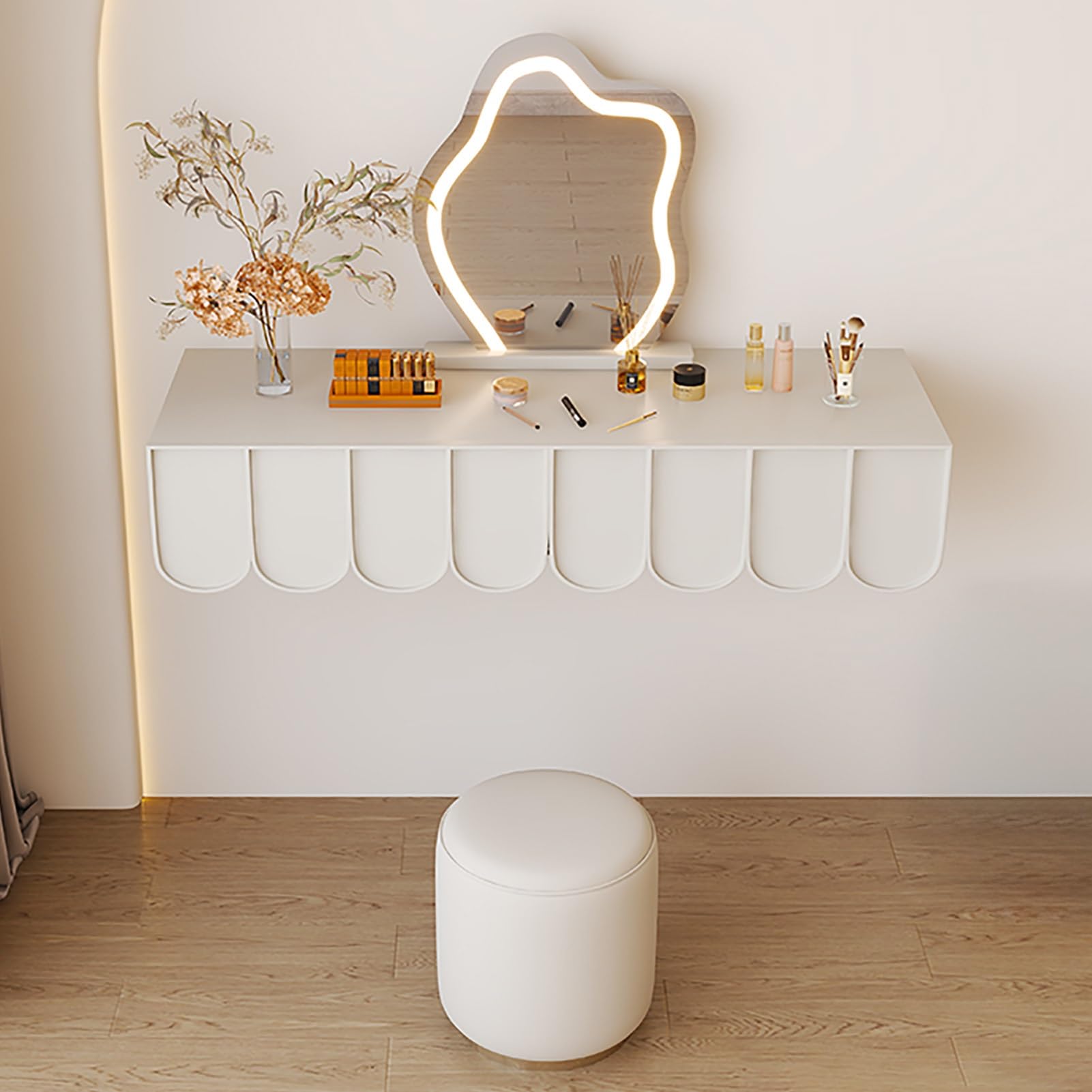 asdchZen Dimmable Led Floating Makeup Vanity Table With Stool, Wall-Mounted Dressing Desk For Girls & Women, Stylish 3-Color Mirror Makeup Station,80cm/31.5in