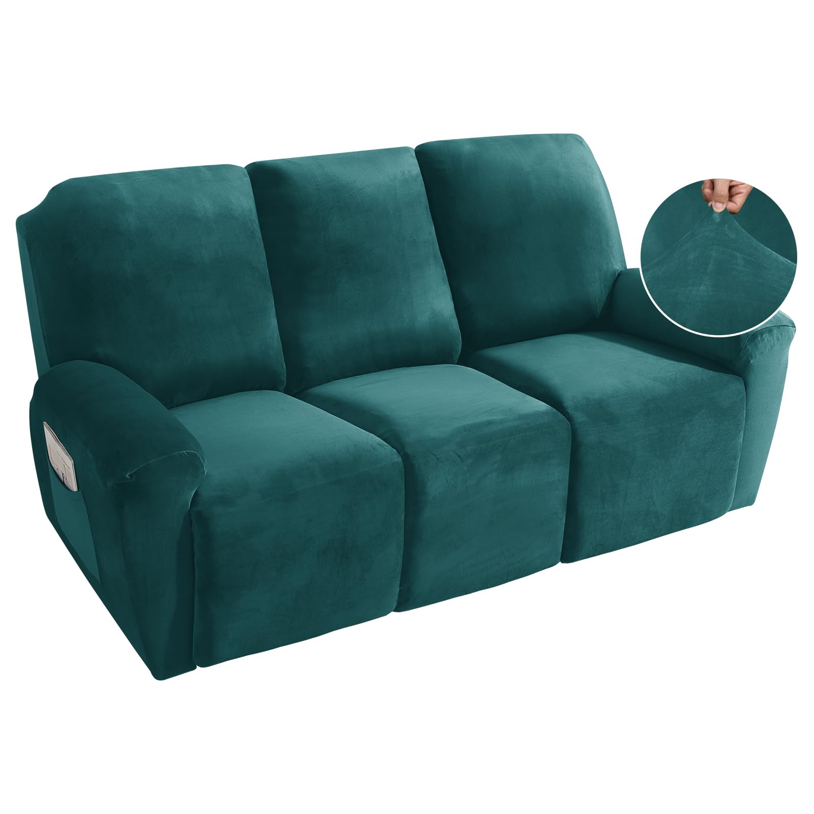 MAXIJIN 8 Pieces Recliner Sofa Covers, Stretch Velvet Reclining Couch Covers for 3 Cushion Furniture Covers, Thick, Soft, Washable Reclining Sofa Slipcovers (Sofa Recliner, Blackish Green)