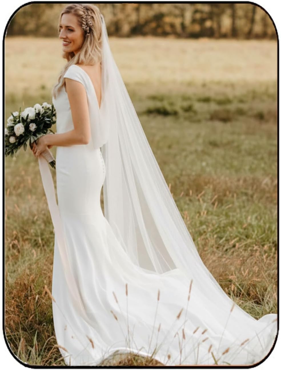 Bride Wedding Veil 118" Long Cathedral Length Bridal Tulle Hair Accessoies with Comb and Cute Edge