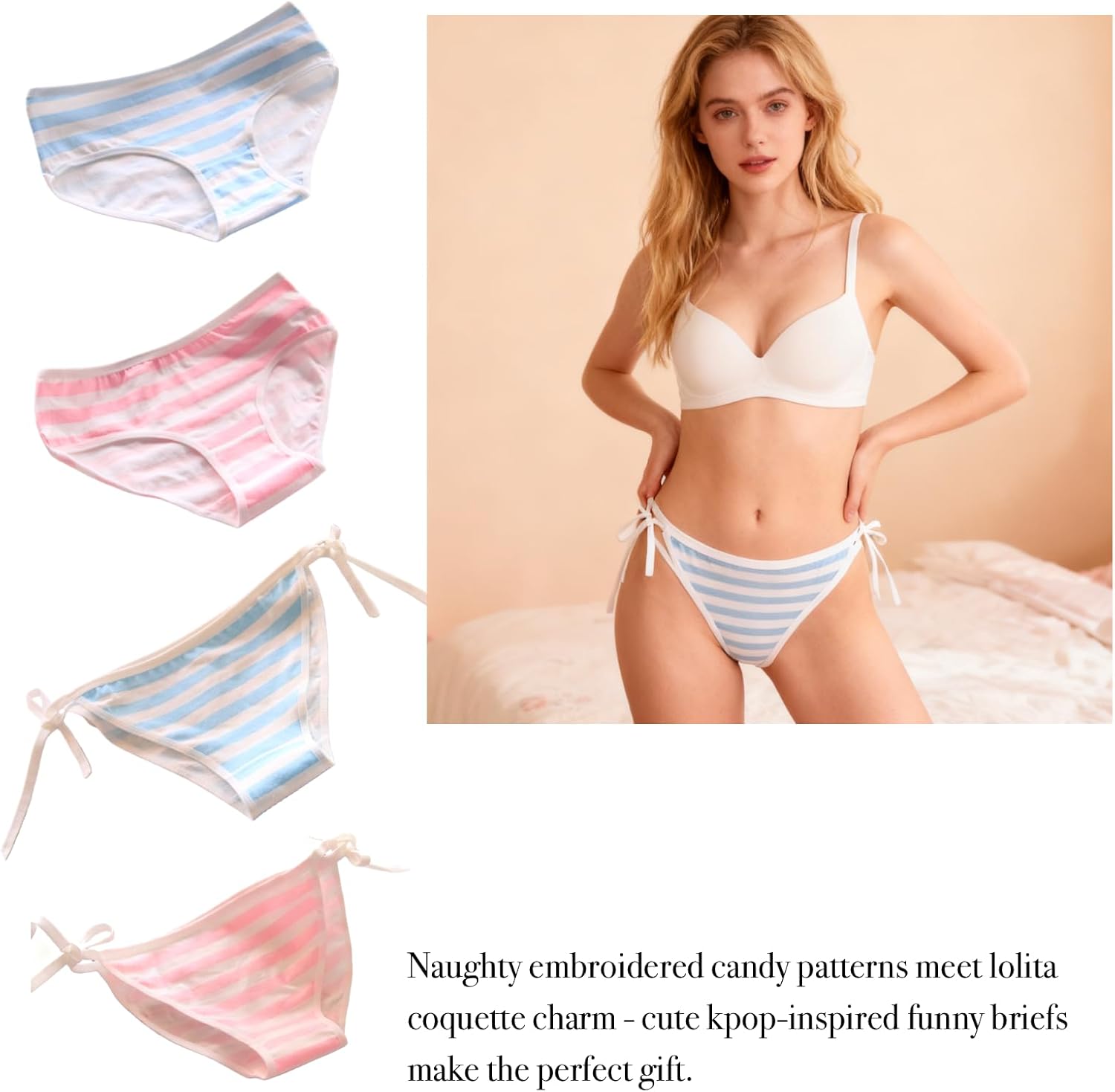Womens Underwear for Women 4 Packs Panties Briefs Cute Cotton Kawaii Japanese-Style Stripes String