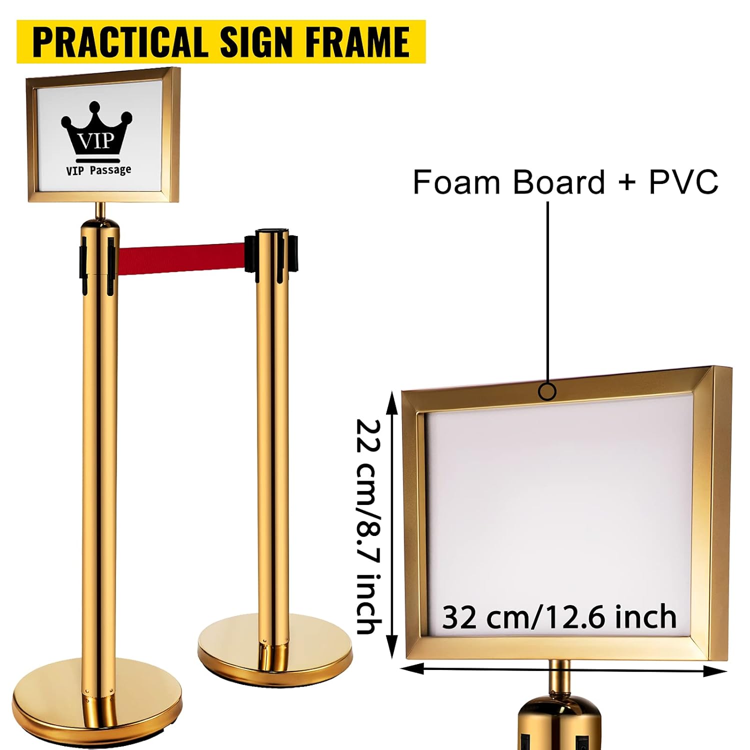 VEVORStanchion Post Barriers 4-Set Line Dividers, Stainless Steel Stanchions with 6.6 Red Retractable Belts, Stanchions with One Sign Frame, 34.6 Queue Safety Stanchions (Gold): Industrial & Scientific