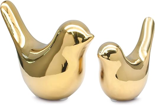 2 Pcs Modern Style Animal Statues, Decorative Gold Ornaments Birds Statues, Ceramic Decor for Office Desktop, Bookshelf, Bedroom, Living Room, Cabinets