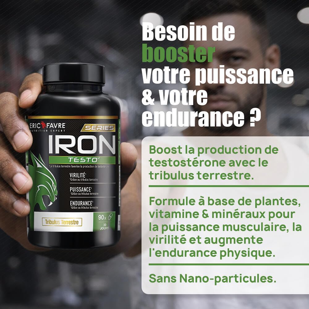 IRON TESTO - Booster de Testostérone - Virilité, Puissance, Endurance - Formule Complète avec Tribulus Terrestre, Maca et Ginseng - Sans Nano-Particules - 90 Gélules - Eric Favre
