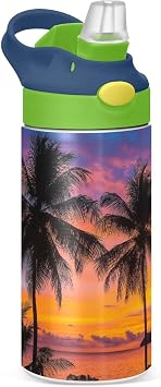 Insulated Stainless Steel Coconut Palm Trees Water Bottle with Straw & Handle - 12oz BPA-Free Leak Proof Reusable Sports Bottle for Travel, Outdoor26