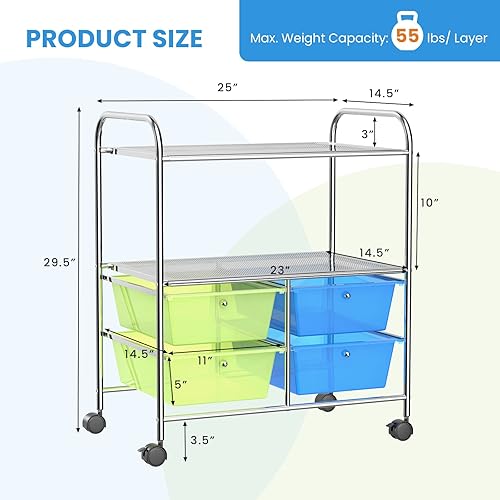 Miniatura 6 de COSTWAY Carrito de almacenamiento rodante con 4 cajones, 2 estantes, carrito organizador de utilidad para oficina en casa con ruedas, carrito de