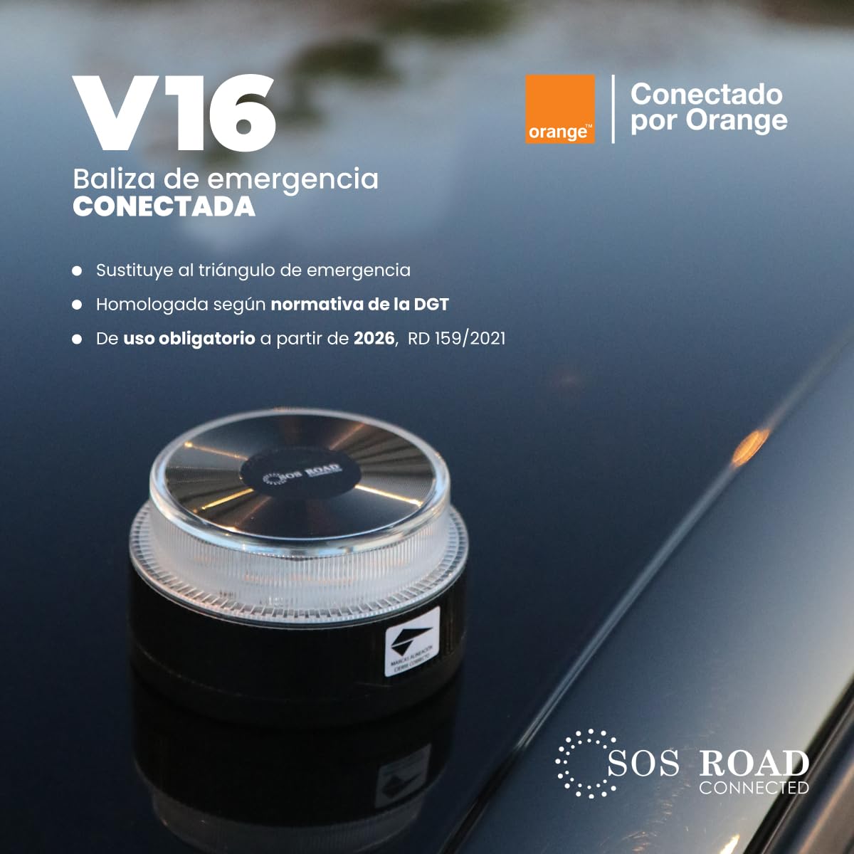 SOS ROAD Baliza de Emergencia V16 con Geolocalización y Conexión DGT 3.0 – Uso Obligatorio Enero 2026, Señal LED Homologada para Coche, Alcance 1km, Resistente al Agua, Datos Incluidos hasta 2038