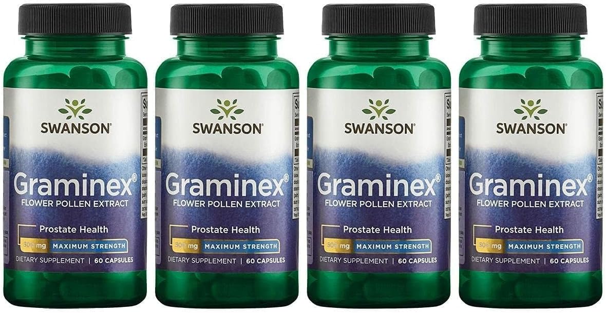 Swanson Maximum Strength Graminex Flower Pollen Extract - Supports Prostate Health, Urinary Tract Function, and Kidney Health - Mens Health Supplement - (60 Capsules, 500mg Each) (4 Pack)