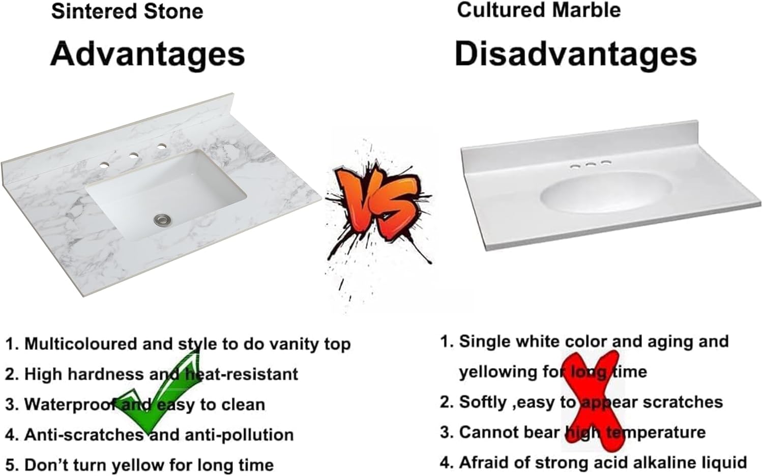 37" Bathroom Vanity Top with Ceramic Undermount Sink & Backsplash,Binaco Carrara White Sintered Stone Counter Top, 3 Holes Vanity Sink Top