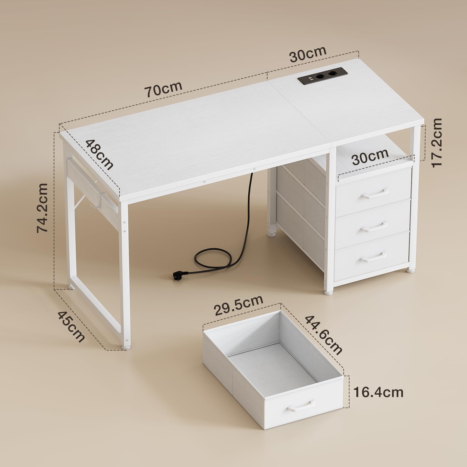 ODK Kleiner Schreibtisch mit 3 Schubladen aus Stoff, 100x48x75,5 cm Computertisch mit 2 Steckdosen und USB-Anschlüssen, Umkehrbarer PC-Schreibtisch Bürotisch für kleines Home Office, Weiß