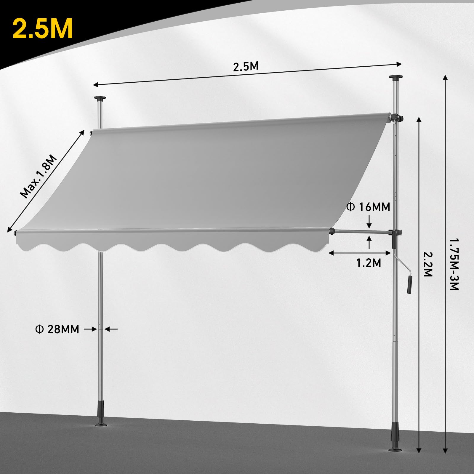 Klemmmarkise 250cm Breit Balkonmarkise mit Handkurbel Sonnenschutz ohne Bohren, UV-beständig & wasserdicht, Höhenverstellbare Markise für Balkon, Terrasse, Garten (Hellgrau‌,250x120cm)