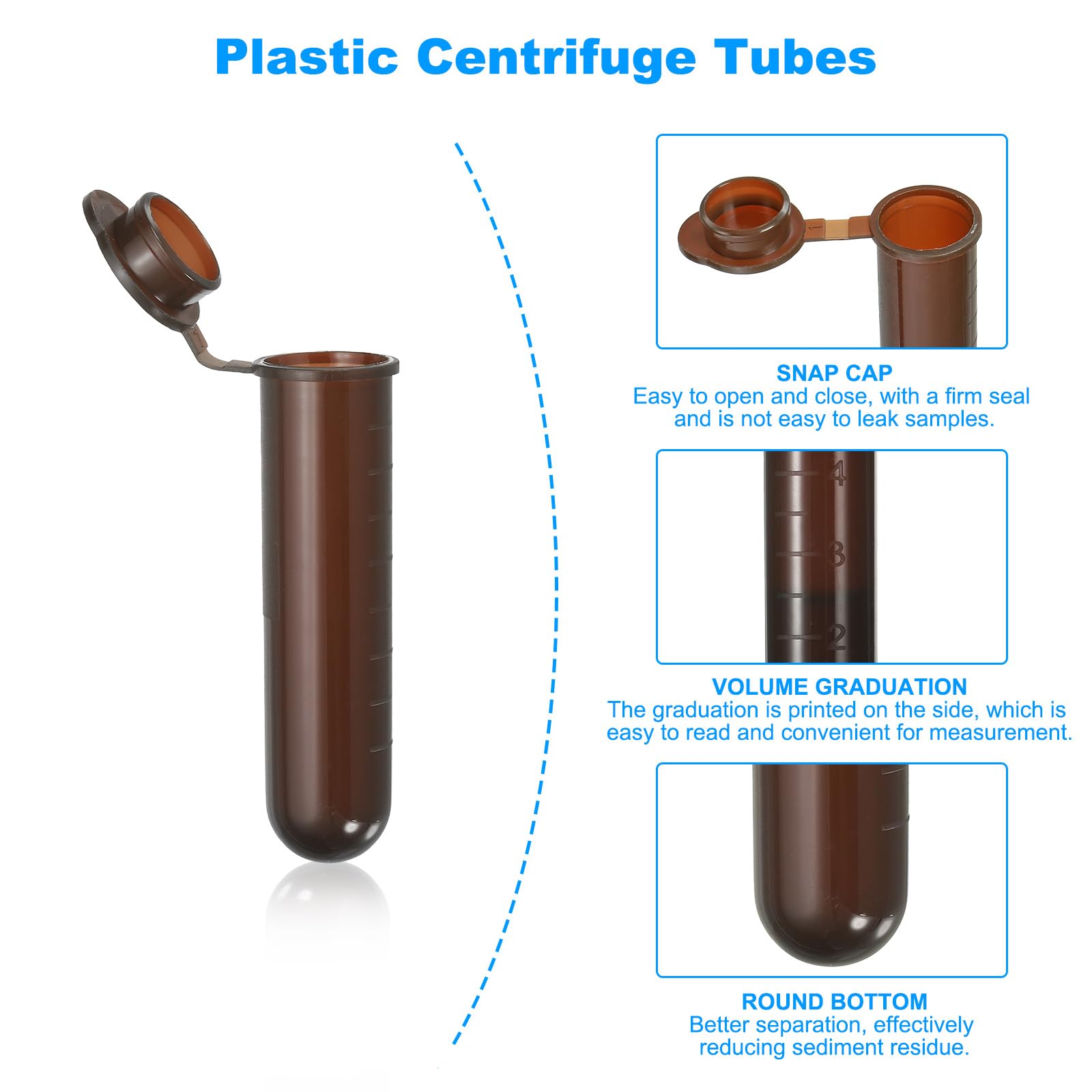 PATIKIL Tubos De Centrífuga De Plástico De 5 ML, 900 Piezas Tubos De Centrífuga De Fondo Redondo Con Tapa A Presión Y Marcas Graduadas Para Almacenamiento De Muestras, Marrón