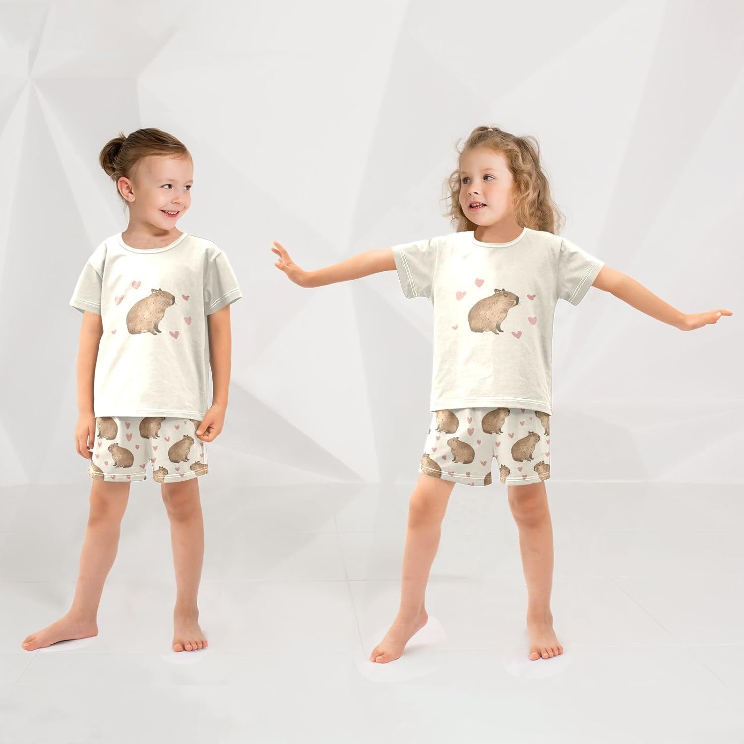 Capybara with Pink Hearts Summer Cute Pajama Sets, Short Sets for Sleep Wears - Image 3