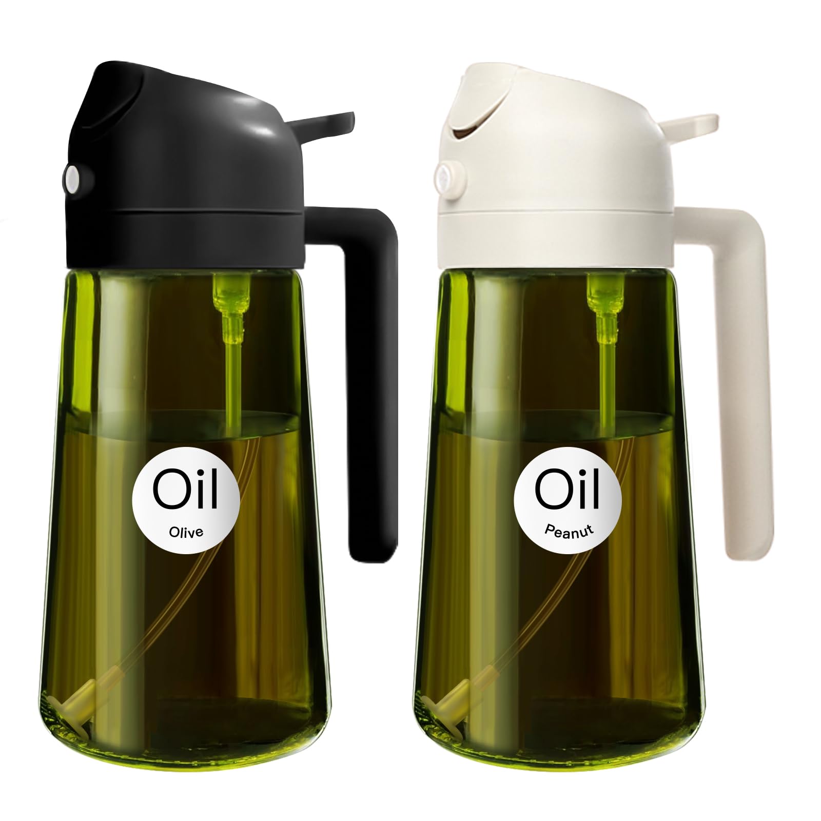 YARRAMATE 2PCS 16oz/470ml 2 in 1 Oil Sprayer for Cooking with Stickers, Dark Green Food-Grade Olive Oil Dispenser Bottle for Kitchen, Air Fryer, Grill - Light Blockage(Black & White)
