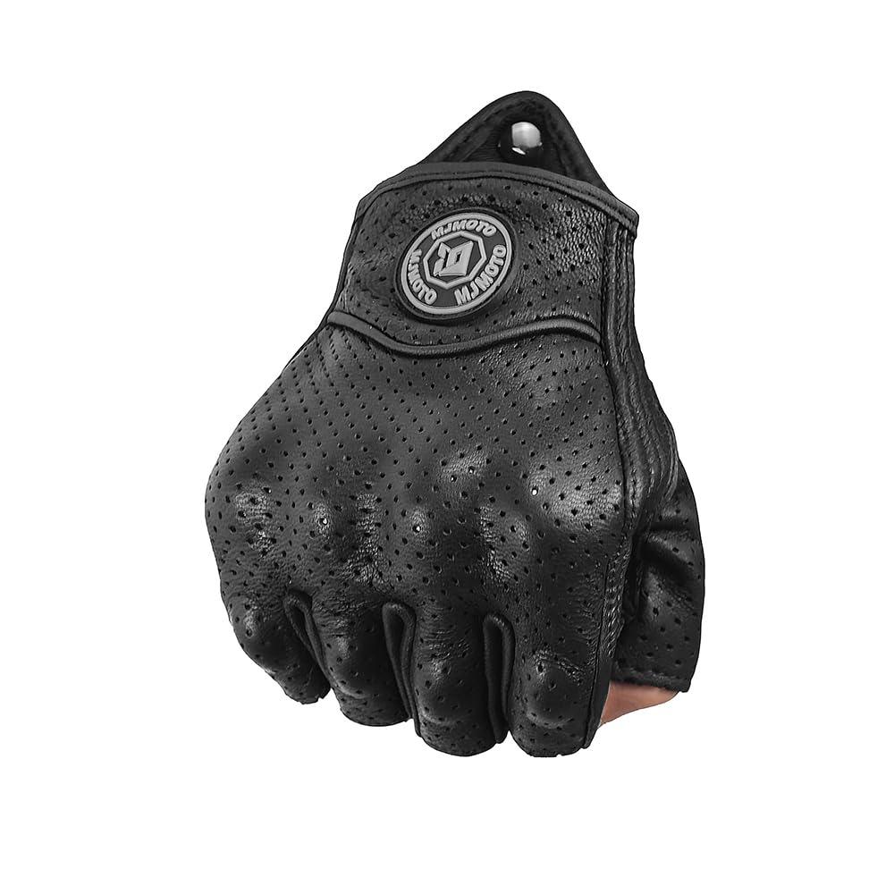 Guanti da moto in pelle di capra senza dita vintage traforati nero