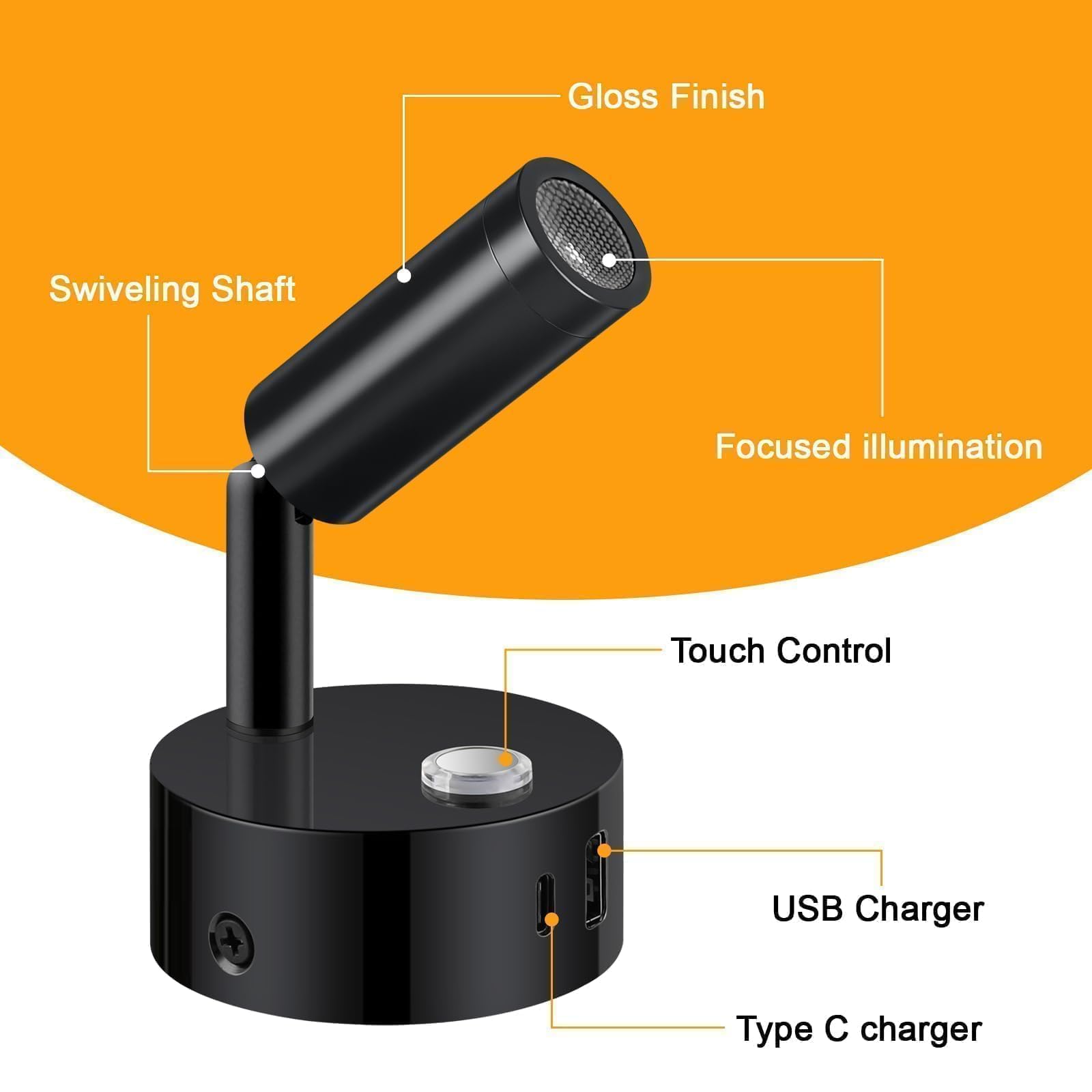 ERWEY Lampe de lecture 12V pour camping-car, applique murale LED avec interrupteur Touch Dimmable 3000K-6000K,DC 12V-24V Spot avec prises USB A+C pour bateau voiture camper van,Noir