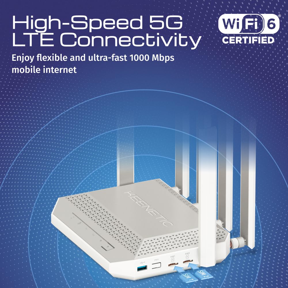 Keenetic Hero 5G (KN-4110) Modem Router 5G Wi-Fi 6 Mesh AX3000 con 2 slot SIM, 1 porta 2,5G e smart switch 4 porte a 1Gb, porte USB 3.0 e 2.0 multifunzione