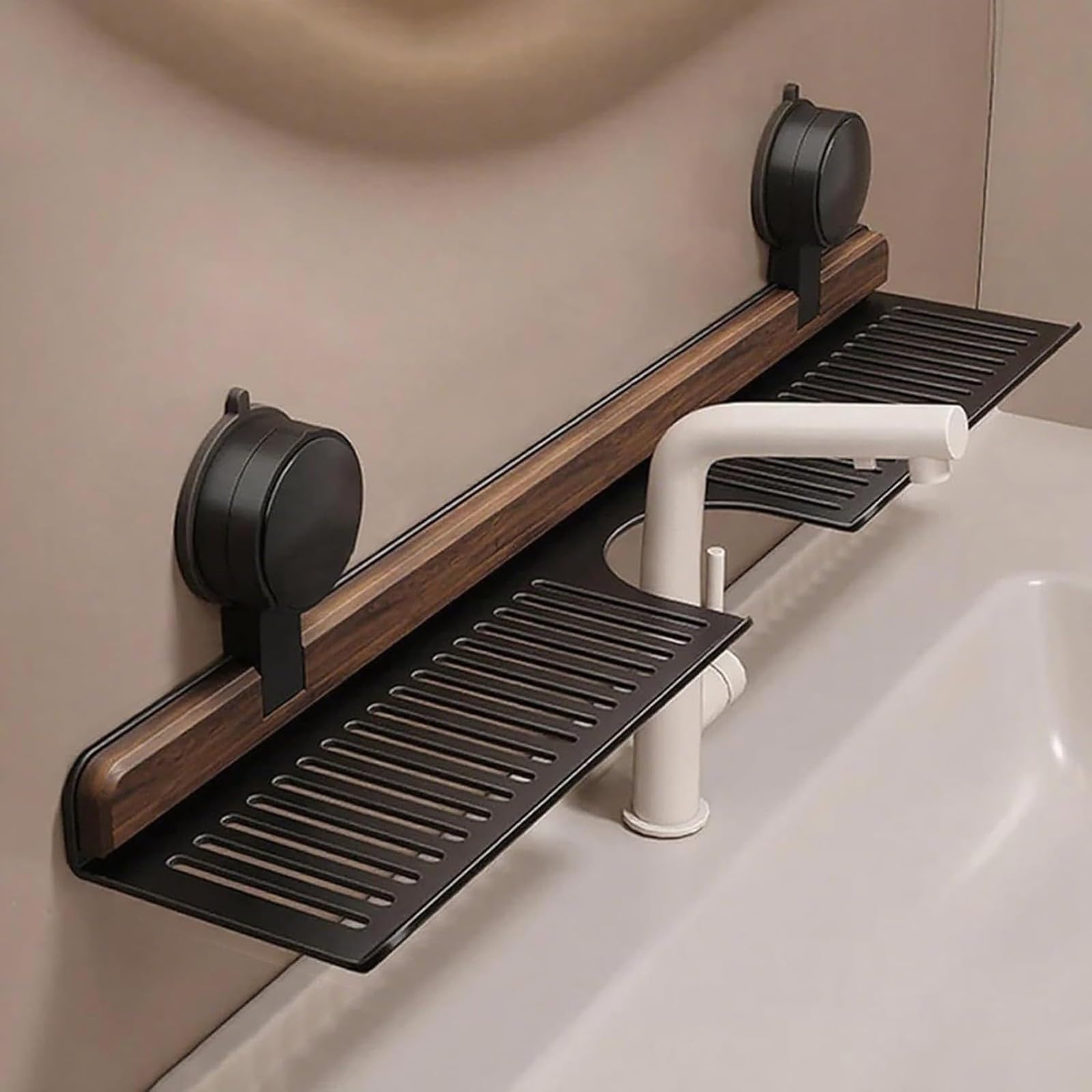 Étagère de salle de bain bois de noyer pour ranger sans percer le carrelage mural