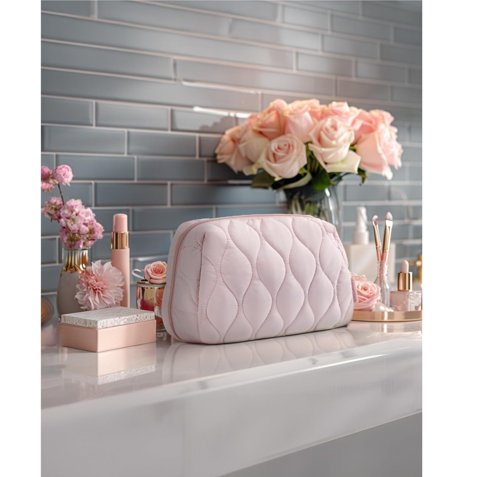 Kosmetiktasche Damen Reise-Kosmetiktasche, Flauschige, Verdickte Kosmetiktasche, Kosmetiktasche Mit Breiter Öffnung Kulturbeutel(Pink)