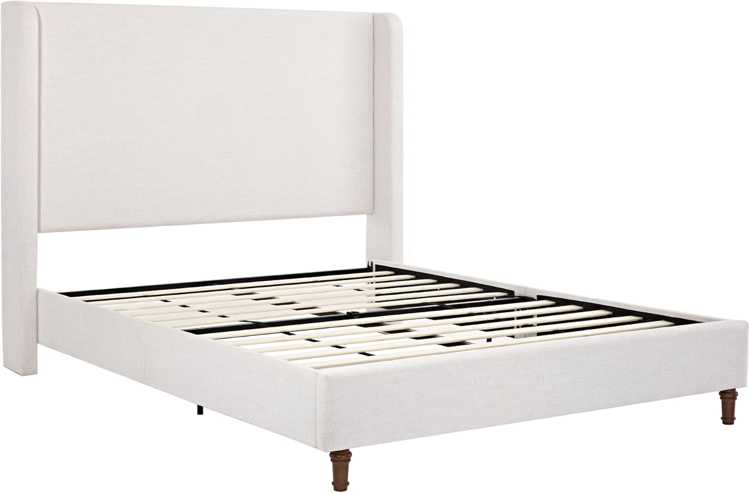Upholstered Platform Wingback Bed Frame with 54" High Headboard, Solid Walnut Wood Feet, Sturdy Metal & Wood Slats (Chenille, Ivory-R2032, Queen (U.S. Standard))