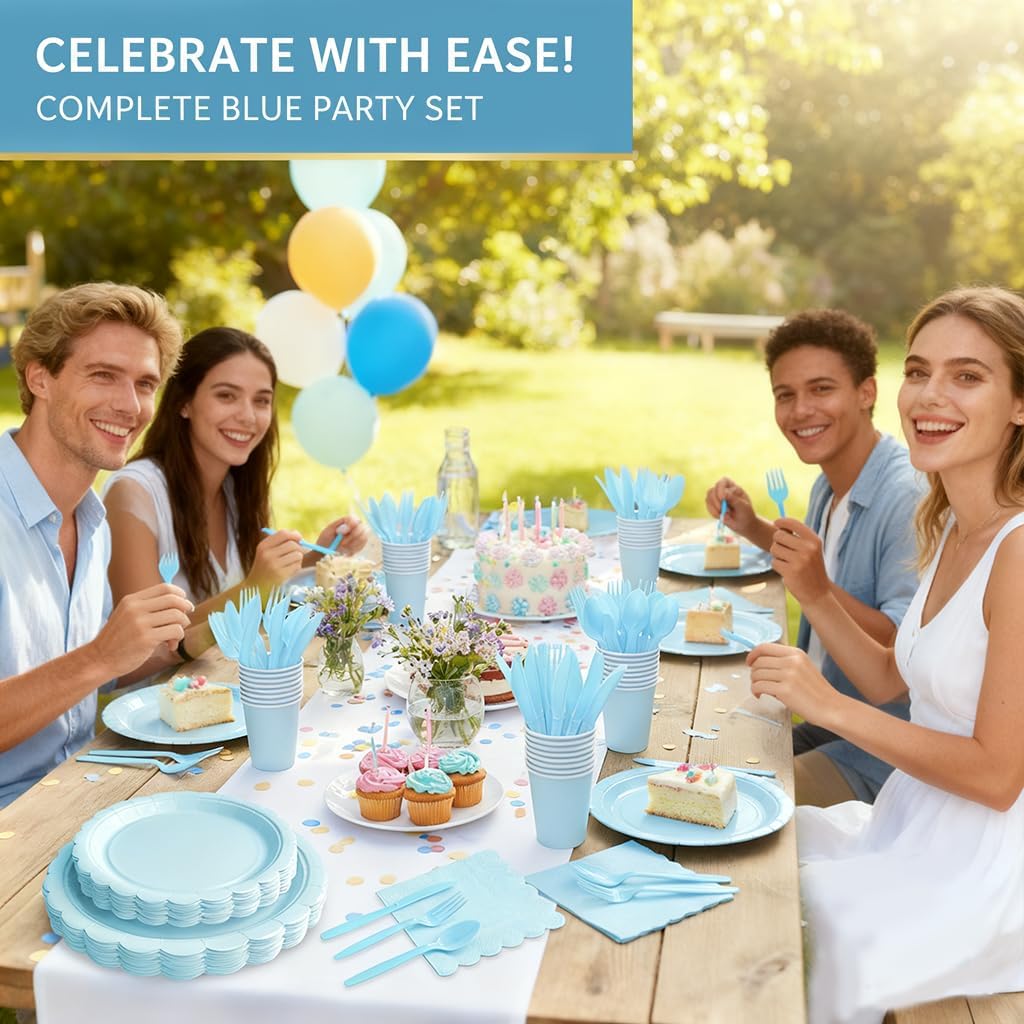 Nihaoya Blue Gender Reveal Party Supplies, 700 PCS Disposable Plates & Cutlery Set for 100 Guests, 100-Pack of 7 & 9 Inch Scalloped Paper Plates, Forks, Spoons, Knives, Cups, Napkins