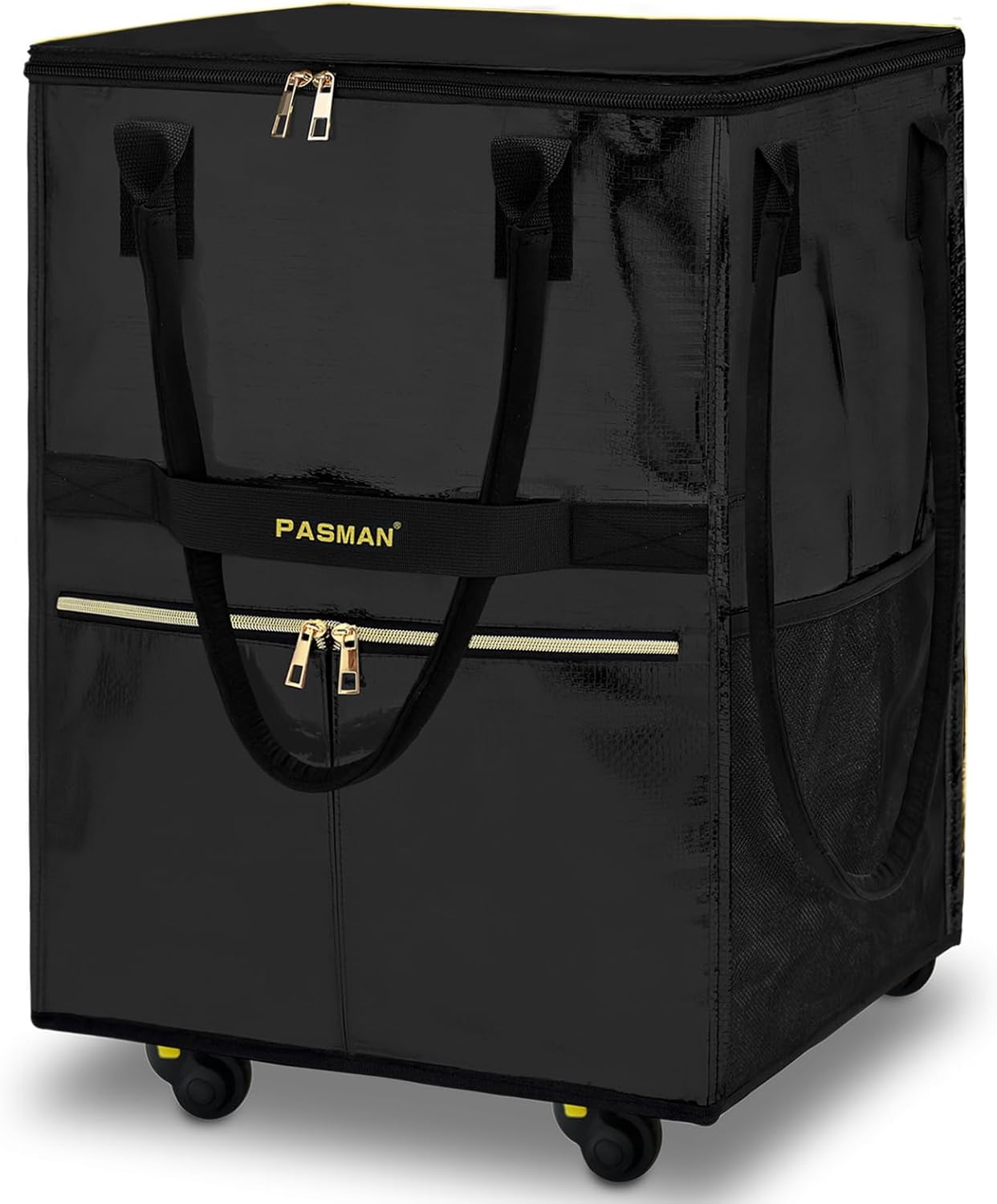 Reusable Grocery Bag on 5 Wheels, Foldable Rolling Tote Bag with Handle and Zipper Cover, 4 Pockets, Heavy Duty Shopping Cart for Laundry, Market & Trave (Black, Medium_67L)