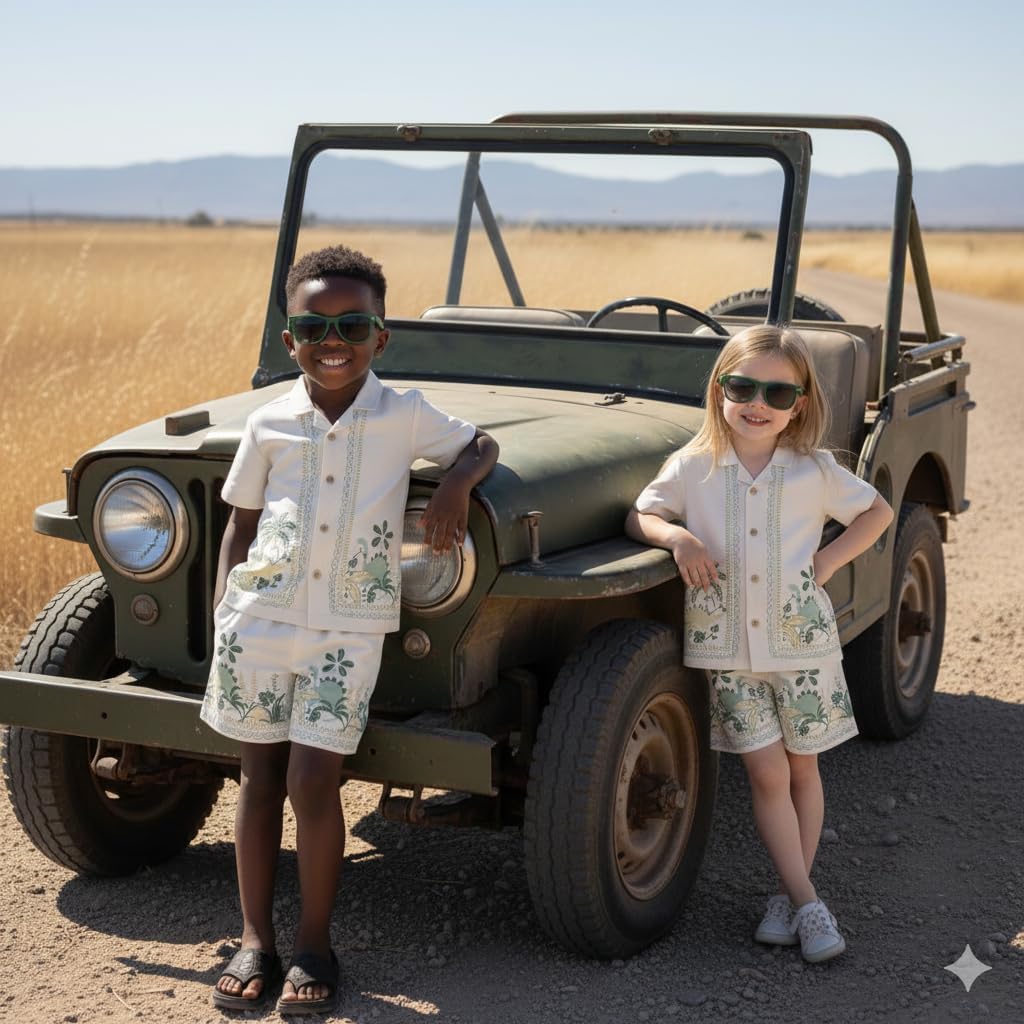 Toddler Boy Summer Outfit, Printed Poplin Cotton Shirt and Shorts Set for Boys and Girl - 1-6 Years