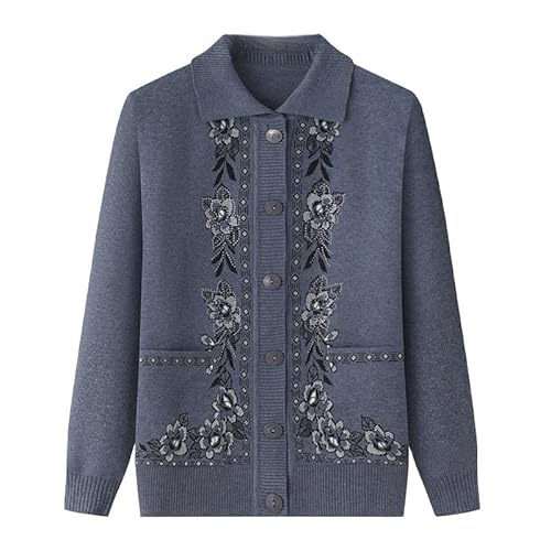 KIJSKKOPO Chaqueta De Punto Mujer,Suéteres De Punto para Personas Mayores, Solapa Verde Oscuro, Manga Larga, Jacquard Floral, Perforación En Caliente, Abrigo De Punto con Bolsillo, Prendas De Vest