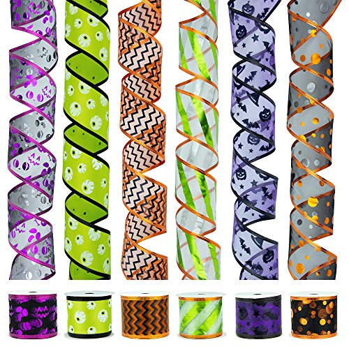 VATIN Halloween Ribbon Wired, Assorted Swirl Sheer Organza Glitter Ribbon for Crafts Gift Wrapping, Holiday Ribbons Halloween Design Decorations, (6 Roll x 6 yd) by 2.5 inch